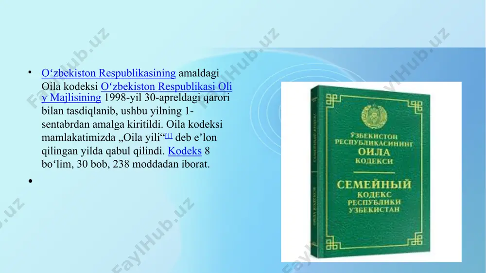 , “oila –kichik vatan, oila tinch, baxtli bo‘lsa – vatan tinch bo‘ladi1 ”. shu sababli ham bizning mamlakatimizda oila – muqaddas dargoh, nikoh esa buzilmas rishta sifatida qaraladi. o‘zbekiston respublikasi konstitutsiyasining xiv bobi oilaga bag‘ishlangan. bosh qomusimizning 63-moddasida “oila jamiyatning asosiy bo‘g‘inidir hamda jamiyat va davlat muhofazasida bo‘lish huquqiga ega”, deb ta’kidlangan. shundan anglashimiz mumkinki, oilaning mustahkamligi, unda milliy va umuminsoniy qadriyatlarning qaror topishini ta’minlash davlatimizning asosiy hujjatida ham o‘z aksini topgan. image1.png image2.jpeg image3.jpeg image4.jpeg image5.jpeg image6.jpeg image7.jpeg image8.png image9.jpeg image10.jpeg image11.jpeg /docprops/thumbnail.jpeg