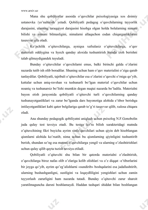 g qiyinligini tushuntirib berish, shundan so’ng esa matnni o’quvchilarga yengil va ularning o’zlashtirishlari uchun qulay qilib qayta tuzish tavsiya etiladi. qobiliyatli o’qituvchi shu bilan bir qatorda materialni o’zlashtirish, o’quvchilarga biroz nafas olib o’zlariga kelib olishlari va o’z diqqat -e’tiborlarini bir joyga qo’yib, ayrim qo’zg’alishlarni «sundirib» boshqalarini esa jadallashtirib, ularning bushashganligni, sustligini va loqaydliligini yengishlari uchun zamin tayyorlash zarurligini ham nazarda tutadi. bunday o’qituvchi zarur sharoit yaratilmaguncha darsni boshlamaydi. haddan tashqari shiddat bilan boshlangan dars o’quvchilarda himoya qiluvchi tormozlanishni vujudga keltirib, miya faoliyati tormozlanadi, o’qituvchining so’zlari yetarlicha idrok qilinmaydi. akademik qobiliyatlar – matematika, fizika, biologiya, ona tili, adabiyot, tarix va boshqa shu kabi fanlarga xos qobiliyatlardir. qobiliyatli o’qituvchi o’z fanini faqat kurs hajmidagi emas balki atroflicha keng, chuo’ur bilib, bu soxada erishilgan yutuqlar va kashfiyotlarni doimiy ravishda kuzata borib, o’quv materialini mutlaqo erkin egallab, unga kata qiziqish bilan qaraydi hamda ozgina bo’lsada tadqiqot ishlarini olib boradi. ko’pchilik tajribali pedagoglarning aytishlaricha, o’qituvchi …