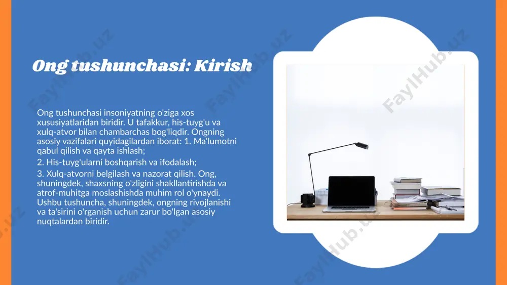 hbu bosqichda har qanday tajriba va ma'lumot qabul qilinadi, bu esa keyingi kognitiv rivojlanishga zamin yaratadi. kognitiv bosqich, bolalar o'z tajribalarini anglash va o'z fikrlarini shakllantirishni o'rganishadi. bu bosqichda mantiqiy fikrlash va muammolarni hal qilish qobiliyatlari rivojlanadi. kognitiv rivojlanish, shuningdek, o'z-o'zini anglash va ijtimoiy interaktsiyalarni tushunishga yordam beradi. emotsional bosqich, insonning his-tuyg'ularini anglash va boshqarish qobiliyatini o'z ichiga oladi. ushbu bosqichda inson o'z his-tuyg'ularini aniqlash va boshqalarning his-tuyg'ularini tushunish qobiliyatini rivojlantiradi. bu ijtimoiy munosabatlar va shaxsiy rivojlanish uchun muhimdir. ongning rivojlanish bosqichlari sensoryal bosqich kognitiv bosqich emotsional bosqich ongning rivojlanishiga ta'sir etuvchi omillar ijtimoiy omillar ijtimoiy omillar ong rivojlanishida muhim rol o'ynaydi. oila, do'stlar va jamiyatdagi munosabatlar bolalarning psixologik va emotsional holatiga ta'sir etadi. ijtimoiy muhit, xususan, ta'lim va tarbiya jarayonlari orqali, bolalarning fikrlash qobiliyatini va ijtimoiy ko'nikmalarini shakllantirishda muhim ahamiyatga ega. psixologik omillar psixologik omillar, jumladan, shaxsning xususiyatlari va hissiy holati, ong rivojlanishiga ta'sir qiladi. stress, travmalar va o'z-o'zini …