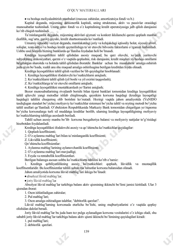 lib, qaysiki kreditlarni belgilangan muddatda qoplanmaslik muammosini keltirib chiqaradi. shu sababli banklar o z mijozlariga kredit berishda, mijozning kreditga layoqatliligini tahlil qiladilar. bank mijozi kreditga layoqatligi deganda mijozning o z qarz majburiyatlari bo yicha to liq va o z vaqtida hisoblashish qobiliyati tushiniladi. mijozning kreditga layoqatlilik darajasi banklar uchun juda zarur, chunki har bir berilgan kredit risk bilan bog liq. agar bank riskni hisobga olmasa, kredit o z vaqtida qaytmasligi yoki umuman to lanmasligi mumkin. shu sababli, banklar o z mijozlari moliyaviy holatini, to lovga qobilligini va albatta, kreditga layoqatliligini tahlil qiladi. jahon amaliyotida, xususan aqshda banklar tomonidan, mijoz kreditga layoqatliligini baholashda "five c", "besh si" qoidasi ishlatiladi. ular quyidagilar: character (mijoz xarakteri); capacity (moliyaviy sharoiti); capital (kapital yoki mol-mulk); colletaria conditions (umumiy iqtisodiy vaziyat). mijoz x mijoz moliyaviy sharoiti yoki qobiliyati deganda, mijozning kreditni qaysi manbalardan qoplashligi tushiniladi. odatda korxonada quyidagi 3 manbalar mavjud: joriy kassa tushumlari; aktivlarni sotishdan …