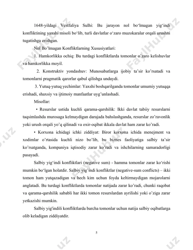 chilarning samaradorligi pasayadi. salbiy yig‘indi konfliktlari (negative sum) - hamma tomonlar zarar ko‘rishi mumkin bo‘lgan holatdir. salbiy yig’indi konfliktlar (negative-sum conflicts) – ikki tomon ham yutqazadigan va hech kim uchun foyda keltirmaydigan mojarolarni anglatadi. bu turdagi konfliktlarda tomonlar natijada zarar ko’radi, chunki raqobat va qarama-qarshilik sababli har ikki tomon resurslardan ayrilishi yoki o’ziga zarar yetkazishi mumkin. salbiy yig'indili konfliktlarda barcha tomonlar uchun natija salbiy oqibatlarga olib keladigan ziddiyatdir. bu odatda uzoq davom etadigan urushlar yoki resurslar isrof qilinishida yuzaga keladi. salbiy ma bilan - g'olib ham, mag'lub ham yo'q (nazariyada - yadroviy urush) misollar: • ishbilarmonlikdagi hamkorlik: ikki kompaniya birgalikda loyihada ishlashni tanlashi va o’zlarining kuchli tomonlarini birlashtirishi mumkin. • bmtdagi xalqaro kelishuvlar: bmtning iqlim o’zgarishi yoki qashshoqlikni kamaytirish kabi masalalarda qabul qilgan qarorlari barcha davlatlar uchun umumiy foyda keltiradi. salbiy yig’indi konfliktlarning xususiyatlari: 1. zarar-zarar natija: tomonlarning harakatlari o’zlariga va qarshi tomonlarga zarar keltiradi. 2. yuqori stress va beqarorlik: …