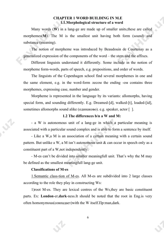 nonperfect; independent;disagree, amoral,aback); 2)pr-s of repetition(reread); 3)reversative pr-s(unbuttened;to form-to deform;to cover-to discover,disconnect); 4)pr-s of time & order(pre-war;post-war;ex-wife,ex-president); 5)perjorative pr-s(psudernym);6)locative pr-s (supermarket; subway; international; transatlantic; overcome). suffixation is the formation of the ws with the help of suffixes to the root morpheme.the most common class-tion is according to the party-of-speech they serve to form : 1)noun-forming suffixes(ss): doer; sobriety; kingdom; darkness; administration; specialist; communism; development; marriage; variant; askee; actress; 2)adjective-forming ss:laughable;aimless;thankfull;dramatic,economic;serious;evident;stylish;-ative; 3)adverb-forming ss:loudly,lonely;forward;4)verb-forming ss:darken;realize;graduate;classify. according to the general meaning,they give to the w,ss may be subdivided into the following groups: 1.noun ss: 1)ss denoting agent,profession,occupation:-er,-eer(engineer),-ant,-ist; 2)ss denoting abstract ideas:-ness,-ship,-ment,-ism,-tion,-ty,-hood,-dom,-th; 3)ss denoting collectivity:-dom,-ship; 4)feminine ss:-ine,-ess; 5)diminutive ss:y/ie/ey; 2.adjective ss: 1)presence of quality:-ous,-full,-able; 2)absence of quality:-less. conversion(conv)is a type of w-b in which from some w already existing in the lang-ge a new w is made.the new w coincides with the old one in its phonetic shape but belongs to a diff-nt word …