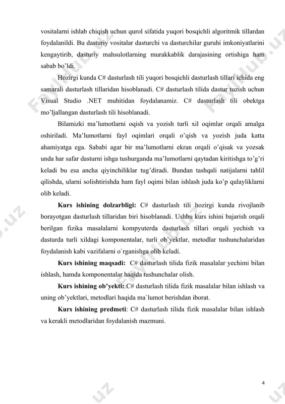 chiqdi (tilning bosh me’mori anders xeylsberg). alfa-versiya tili 2000 yil o‘rtalaridan muomala chiqarila boshlandi. c# sistemasi asosan quyidagi qismlardan iborat. bular dasturni yozish redaktori, c# tili va standart kutubxonalardir. c# dasturi ma'lum bir fazalardan o'tadi. birinchisi dasturni yozish va tahrirlash, ikkinchisi preprosessor amallarini bajarish, kompilyatsiya, kutubhonalardagi ob'yekt va funksiyalarni dastur bilan bog'lash (link), hotiraga yuklash (load) va bajarish (execute). kompyuter tillari oʻz-oʻzidan emas, balki oʻzaro bir-biriga bogʻliqlikda mavjud boʻladi. har qanday yangi til u yoki bu shaklda oldingi yaratilgan tillarning xossalarini oʻziga meros qilib oladi, yaʼni ketma-ketlik prinsipi amalga oshiriladi. natijada bitta tilning imkoniyatlari boshqalari tomonidan foydalaniladi (masalan, yangi xususiyatlar mavjud kontekstga birlashtiriladi, tilning eski tuzilishlari esa oʻchirib yuboriladi). kompyuter tillarining evolyutsiyasi shunday tarzda roʻy beradi va dasturlash mahorati takomillashtiriladi. c# tili yuqoridagilardan istisno emas, u boshqa dasturlash tillarining koʻplab foydali imkoniyatlarini meros qilib oldi va dunyoda eng koʻp qoʻllaniladigan ikkita kompyuter tillari — c, c++, shuningdek java tili bilan …