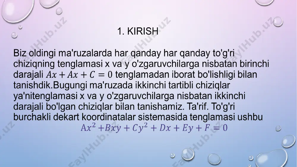 rbola koordinata o'qlariga nisbatan simmetrik bo'lgan egri chiziqdir.2) y = +x to'g'ri chiziqlar giperbolaning asimptotalari bo'ladi, ya'ni bu to'g'ri chiziq x ning cheksiz kattalashib borishi bilan giperbolaga brogan sari yaqinlashib boradi. parabola va uning tenglamasi tekislikda dekart koordinatalar sistemasini olaylik. bu tekislikda oy o'qiga parallel to'g'ri chiziq va bu to'g'ri chiziqqa tegishli bo'lmagan f(a, 0) nuqta berilgan bo'lsin. bu to'g'ri chiziq va f nuqtadan bir xil masofada joylashgan nuqtalarning geometrik o'rni parabola deyiladi.f nuqta parabolaning fokusi qaralayotgan to'g'ri chiziq esa uning direktrisasi deb ataladi. parabola tenglamasini hosil qilish uchun f nuqtani ox o'qi bo'ylab koordinata boshidan masofada (p>0)joylashtiraylik. uning direktrisasi esa to'g'ri chiziq bo'lsin. 2 parabolaning ixtiyoriy nuqtasini qaraylik. ikki nuqta orasidagi masofa formulasiga ko'ra. bu tenglikning ikkala tomonini kvadratga oshirib topamiz. bu tenglama parabolaning kanonik tenglamasi deyiladi. image3.png image4.png image5.png image6.png image60.png image7.png image8.png image9.png image10.png image11.png image12.png image1.png /docprops/thumbnail.jpeg