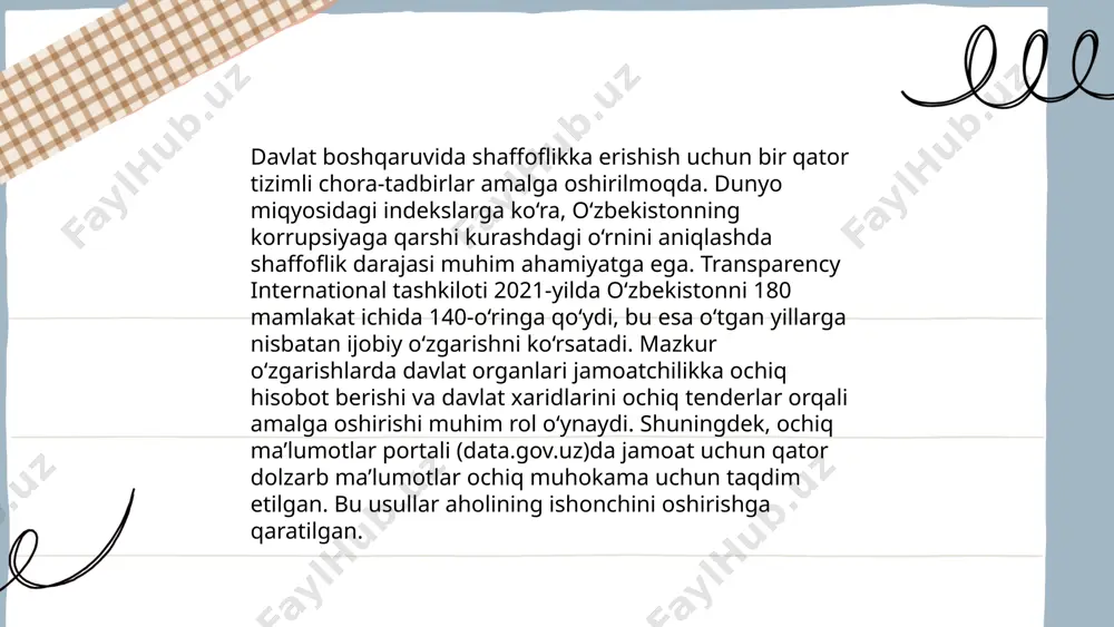 moqda. bu kabi sa’y-harakatlar fuqarolarning huquq va majburiyatlari to'g'risida xabardorligini oshirishga qaratilgan. ... t.me/slaydai_bot 10. korrupsiyaga qarshi kurashda oav ning roli ommaviy axborot vositalari (oav) korrupsiyaga qarshi kurashda muhim rol o'ynaydi. ularga korrupsiyaga oid holatlar haqida xabar berish, jamoatchilikni xabardor qilish va davlat organlarini javobgarlikka tortish imkonini beradi. oav korrupsiyaga oid materiallar tayyorlab, ularni keng jamoatchilik e'tiboriga havola etadi. masalan, transparency international ma'lumotlariga ko'ra, oav orqali oshkor etilgan 20% korrupsion holatlar natijasida javobgarlar jazoga tortilishi kuchaytirilgan. shuningdek, o'zbekistonda o'ziga xos monitoring tizimlari orqali oav yordamida davlat harajatlarini kuzatish 30% ga samaradorlikni oshirgan. ayni paytda, xalqaro miqyosda, oav orqali o'rta hisobda har yili taxminan 5000 ta korrupsiya holati aniqlanadi, bu esa jamiyatda huquqiy madaniyatni oshirishga xizmat qiladi. ... t.me/slaydai_bot davlat xaridlarida shaffoflikni oshirish, korrupsiya va noo'rin xarajatlarni kamaytirish uchun dolzarb masaladir. o'zbekistonda 2020-yilning sentabridan boshlab davlat xaridlari bo'yicha yagona portal ishga tushirildi. ushbu portal orqali 100 mingdan ortiq tenderlar va davlat …