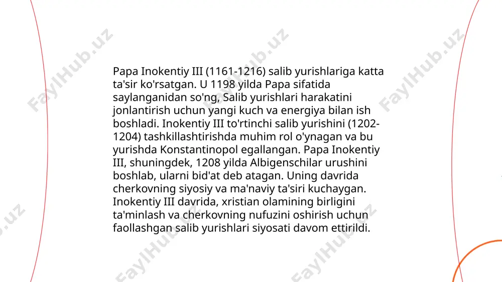 minladi. ularning hamkorligi frank qirolligining va katolik cherkovining kuchayishiga olib keldi. buyuk karl diniy islohotlarga katta e'tibor qaratdi va katolik cherkovini qo‘llab-quvvatladi, bu rim papasi bilan yaqin aloqalar o‘rnatishga yordam berdi. ... t.me/slaydai_bot karoling davlati viii asrda franka qirolligi hududida tashkil topgan. uning asoschisi karl martel va o'g'li pipin qisqa edi. 768 yilda pipin o'limidan so'ng uning o'g'illari karl va karloman davlatni boshqarishdi. 771 yilda karloman o'lganidan keyin karlning xokimiyati kuchayib, 800 yilda u rim imperatori sifatida toj kiydi va karlning davri boshlandi. bu davrda karoling davlati g'arbiy va markaziy yevropani egallagan. 843 yilda verda shartnomasi bilan davlat uch qismga bo'lib tashlangani natijasida frantsiya, germaniya va italiya hududlarida turli qirolliklar vujudga keldi. ... t.me/slaydai_bot 13. o‘rta asrlarda yevropadagi cherkov va davlat munosabatlari. o'rta asrlarda yevropada cherkov va davlat o'rtasidagi munosabatlar murakkab bo'lib, ikkala tomonda ham oʻz ta'sirini oʻtkazishga intilish mavjud edi. xususan, xi-xiii asrlarda cherkov rahbarlari zotli oilalar va qirolliklar …