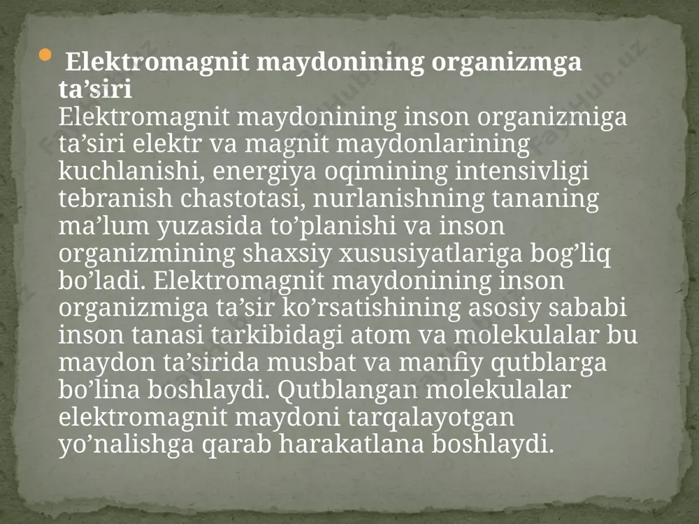 agi uglevod, oqsil va minyeral moddalar almashinivuni o’zgartiradi. ammo bu o’zgarishlar funksional xaraktyerda bo’lib, nurlanish ta’siri to’xtatilishi bilan ularning zararli ta’siri va og’riq sezgilari yo’qoladi. xulosa : men bu mustaqil ish mavzuyimdan xulosalarim shuki elektromagnit maydonining inson organizmiga ta’siri elektr va magnit maydonlarining kuchlanishini energiya oqimini intensivligini tebranish chastotasi, nurlanishni tananing ma’lum yuzasida to’planishini va inson organizmini shaxsiy xususiyatlariga bog’liq bo’lishini . elektromagnit maydonining inson organizmiga ta’sir ko’rsatishining asosiy sababi inson tanasi tarkibidagi atom va molekulalar bu maydon ta’sirida musbat va manfiy qutblarga bo’lina boshlashini bilib oldim. foydalanilgan adabiyot .1) steven w. blume, electric power system basics, usa, 2007. 2. karimov r.ch., rafiqova g.r. elektr xavfsizligi asoslari. o’quv qo’llanma. –t.: spectrum media group. 2015. 3. elektr qurilmalarni ekspluatatsiya qilishda xavfsizlik texnikasi qoidalari. «o‘zdavenergonazorat» elektr energetikada nazorat bo‘yicha davlat inspeksiyasi. -t.: mehnat. 2016. 4. elektr energetika uskunalariga xizmat ko‘rsatishda yuz bergan baxtsiz hodisalar oqibatida jabrlanganlarga shifokordan oldin yordam ko‘rsatish bo‘yicha yo‘riqnoma. …