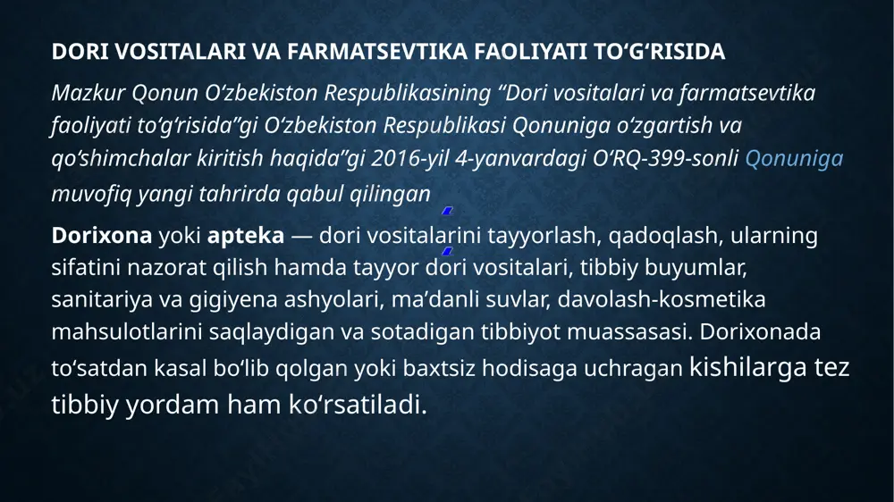 n dori vositasi va tibbiy buyum — tarkibi yoki xususiyati to‘g‘risida yoxud ishlab chiqaruvchisi haqida yolg‘on axborot ilova qilingan dori vositasi va tibbiy buyum; muvofiqlik sertifikati — sertifikatlangan mahsulotning belgilangan talablarga muvofiqligini tasdiqlash uchun sertifikatlashtirish tizimi qoidalariga binoan berilgan hujjat; dori vositalari kesishgan kontaminatsiyasi — xomashyo, oraliq mahsulot yoki tayyor mahsulotning boshqa xomashyo yoki tayyor mahsulot bilan texnologik jarayon vaqtida, tashish yoki saqlashda ifloslanishi. inyeksiyalar uchun dori vositalari — parenteral qo‘llash uchun eritmalar, suspenziyalar, emulsiyalar, shuningdek bevosita ishlatish oldidan steril eritgichda eritiladigan qattiq dori moddalari (kukunlar, tabletkalar, g‘ovak massalar) tarzidagi steril dori shakllari; eritmalar — suyuq, qattiq yoki gaz holidagi moddalarni tegishli eritgichda eritib hosil qilingan suyuq dori shakli. eritmalar ichki va tashqi qo‘llanish uchun, shuningdek inyeksiyalar uchun foydalaniladi. hurmatli mutaxassislar! sog‘liqni saqlash vazirligining 2018 yil 9 martdagi 13-sonli “dori vositalarini qo‘llashda aniqlangan nojo‘ya taʼsirlar to‘g‘risida xabardor qilish tartibi to‘g‘risidagi nizomni tasdiqlash to‘g‘risida”gi buyrug‘iga binoan, nojo‘ya taʼsir yuzaga kelgan taqdirda, …