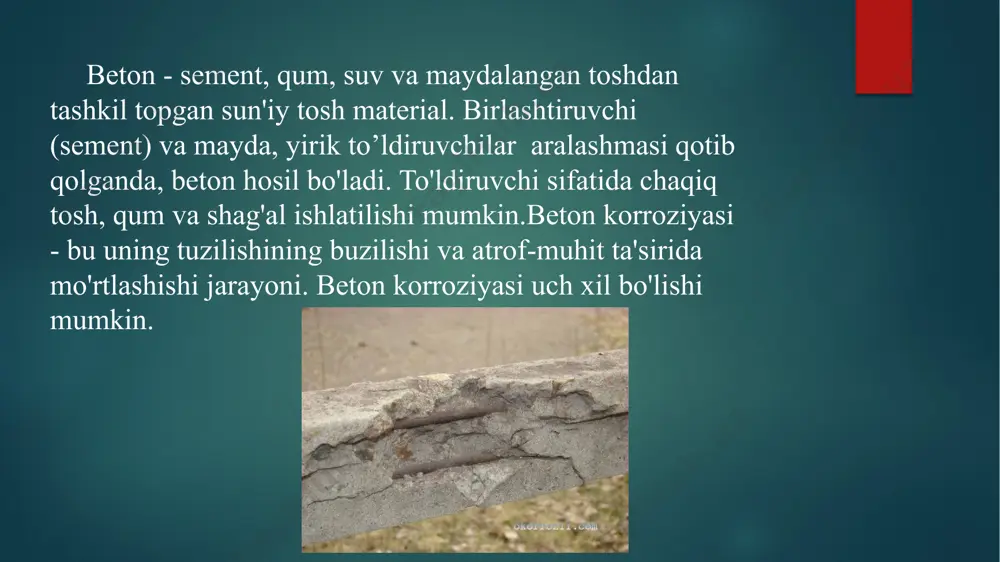 ydalanganda intensiv shamollatish (havoni quritish uchun).ratsional betonning yanada yomonlashishini oldini olishda muhim rol o'ynaydi. bunday holda, beton yuzasiga suv va turli xil organik moddalarning chuqurliklarda to'planishiga to'sqinlik qiladigan strukturaviy shakl berish kerak. betonni karroziyadan ximoya qilishda maxsus qoplamalar surtiladi. olingan himoya plyonka beton sirtini nafaqat havo va namlikdan, balki turli mikroorganizmlarning ta'siridan ham samarali himoya qiladi.mastikalar yordamida korroziyadan beton himoya qilish namlik ta'sirida va qattiq muhit bilan aloqa qilishda qo'llaniladi. ko'pincha turli xil qatronlar (rezinatsiya) asosidagi mastikalar qo'llaniladi.sızdırmazlık emdirishlari bilan korroziyadan beton himoya qilish deyarli barcha muhitlarda (suyuqlik, gazsimon), ayniqsa yuqori namlikda qo'llaniladi va bo'yoq va lak materiallarini qo'llashdan oldin ham qo'llaniladi. sızdırmazlık emdirishlari betonning tashqi qatlamini to'ldiradi, unga yaxshi hidrofobik xususiyatlarni beradi va suvning emishini kamaytiradi. bioksidal qo'shimchalarning kimyoviy faol moddalari betonning teshiklarini to'ldiradi va bakteriyalarni yo'q qiladi.betonni yopishtiruvchi qoplamalar bilan korroziyadan himoya qilish beton toshni suyuq muhitda, namlik yuqori bo'lgan tuproqlarda va elektrolitlar bilan tez-tez namlanadigan joylarda qo'llashda …