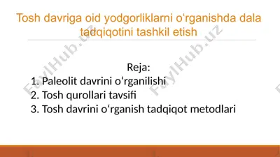 tosh davriga oid yodgorliklarni oʻrganishda dala tadqiqotini tashkil etish — PPTX