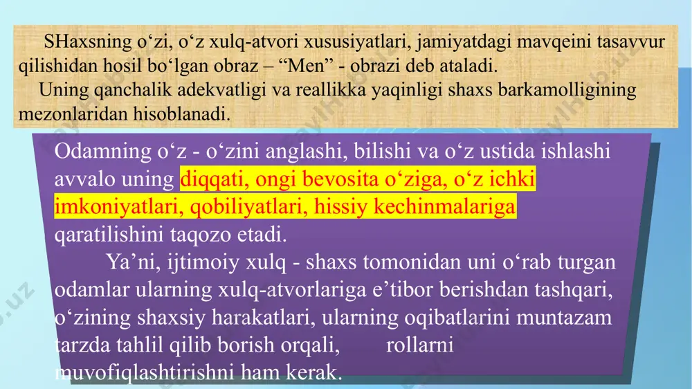 ksiyaning natijasidir. shaxsning o‘zi haqidagi obrazi va o‘z-o‘zini anglashi yosh va jinsiy o‘ziga xoslikka ega. masalan, o‘ziga nisbatan o‘ta qiziquvchanlik, kim ekanligini bilish va anglashga intilish ayniqsa, o‘smirlik davrida rivojlanadi. o‘smirlikda o‘g‘il bolalardagi bo‘yning pastligi, muskullarning zaifligi va shu asosda qurilgan “men” - obrazi qator salbiy taassurotlarni keltirib chiqaradi qizlarda esa tashqi tarafdan go‘zallikka, kelishganlik, odob va ayollarga xos qator boshqa sifatlarning bor - yo‘qligiga bog‘liq xolda “men” obrazi mazmunan idrok qilinadi. qizlarda ham ortiqcha vazn yoki terisida paydo bo‘lgan ayrim toshmalar yoki shunga o‘xshash fiziologik nuqsonlar kuchli salbiy emotsiyalarga sabab bo‘lsa-da, baribir, chiroyli kiyimlar, taqinchoqlar yoki sochlarning o‘ziga xos turmagi bu nuqsonlarni bosib ketadigan omillar sifatida qaraladi. men” - obrazi asosida ham bir shaxsda o‘z-o‘ziga nisbatan baholar tizimi shakllanadiki, bu tizim ham obrazga mos tarzda har xil bo‘lishi mumkin. o‘z-o‘ziga nisbatan baho turli sifatlar va shaxsning orttirilgan tajribasi shu tajriba asosida yotgan yutuqlariga bog‘liq xolda turlicha bo‘lishi mumkin. ya’ni, …