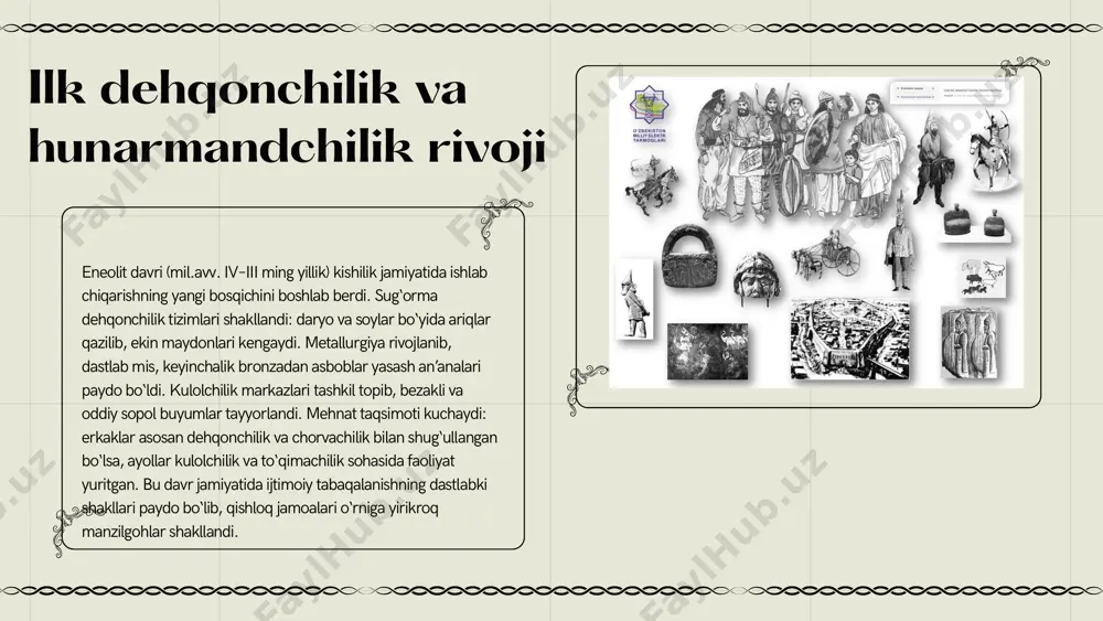 kazi balx (balkh) shahri edi. bu hudud avesta, yunon tarixchilari (gerodot, strabon), hind manbalari (mahabharata)da “baxtri”, “bahlika” nomlari bilan tilga olinadi. baqtriya kuchli dehqonchilik xo‘jaligiga, rivojlangan hunarmandchilik markazlariga ega bo‘lib, xalqaro savdoda katta o‘rin tutgan. zardushtiylik dini baqtriyada keng tarqalib, dakhma (o‘liklarni qo‘yiladigan inshootlar) va olovga sig‘inish marosimlari shakllangan. yunon-baqtriya davlati davrida esa bu hudud sharq va g‘arb madaniyatining kesishgan markaziga aylangan. madaniy interaksiyalar va savdo aloqalari o‘zbekiston qadimiy hududlari qadimdan savdo yo‘llarida joylashgan bo‘lib, amudaryo vodiysi orqali eron, hindiston va xitoy bilan iqtisodiy-madaniy aloqalar bo‘lgan. sopollitepa va jarqo‘tondan topilgan import mahsulotlari (metall buyumlar, qimmatbaho toshlar) mintaqalararo savdoning keng ko‘lamda bo‘lganini ko‘rsatadi. hunarmandchilik texnologiyalari boshqa sivilizatsiya markazlari bilan uyg‘unlikda rivojlangan. aynan shu jarayonlar keyinchalik buyuk ipak yo‘li shakllanishiga zamin hozirlagan. madaniy almashinuv nafaqat iqtisodiy, balki diniy va madaniy qarashlarning ham tarqalishiga sabab bo‘lgan. xulosa 1. 2. qadimiy markaz sifatida o‘zbekiston o‘zbekiston hududi qadimdan sivilizatsiya rivojida muhim o‘rin tutgan. sopollitepa va …