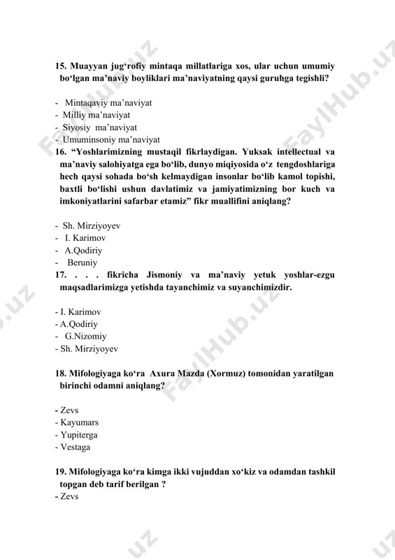 do marduk ibodatxonasiga borish huquqi kimga tegishli bo‘lgan? - bobil shohi - bobil aholisi - bobil hunarmandi - bobil ayollari 38. qaysi yozuv hozirgi yozuvlar tizimi uchun asos bo‘lib xizmat qiladi? - qadimgi misr yozuvi - qadimgi hindisto yozuvi - qadimgi rim yozuvi - qadimgi mesopotamiya yozuvi 39. quvonchli hayot haqidagi qarashlari mesopotamiyaliklarning qaysi dostonida tasvirlanadi? - amon-ra - gilgamish - indra - marduq 40. birinchi jahon dini buddizmning vatanini aniqlang? - yunoniston - rim - hindiston - o‘zbekiston 41. karmaning sanskrit tilidagi tarjimasi qanday ma’noni bildiradi? - urf-odat - yahshi niyat - kelajak - faoliyat, taqdir 42 umum qabul qilgan axloqiy me’yorlar va qadriyatlar xitoyda qaysi ta’limot ta’sirida shakllangan? - konfutsiylik - daosizm - sintoizm - buddizm 43. xitoyda konfutsiylik ta’sirida shakllangan asosiy g‘oyani aniqlang? - moddiy meros - iqtisod - dinsizlik - axloq 44. afsona va rivoyatlar yurtini aniqlang? - hindiston - yunoniston - xitoy - rim 45. …