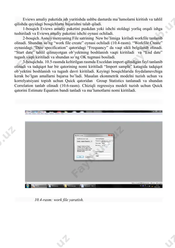 a xar hil metodlarni ishlatilishi olish mumkin. ewievs amaliy dasturi yordamida turli xil xisobotlarni yaratish uchun quyidagi misol bilan isbotlanandi. 10.12-rasm: chiziqli regressiya modelini tuzish yuqoridagi (10.12-rasm)da chiziqli regressiya modelini tuzish yaim va sanoatlarning 2003-2011 yillardagi ma’lumotlari olingan, bunda sanoatni yaimga ta’sir etuvchi omil sifatida olingan. shuning uchun chiziqli ekonmetrik modelni tuzish (equation estimation) oynasida “method” qatoridan “ls- least squares” tanlanadi va “ok” tugmasi bosiladi. quyidagi 10.13-ramda berilgan ma’lumotlar asosida chiziqli ekonmetrik model tuzildi. bunda coefficient c(1) da c(1) ning modeldagi parametrlari, c(2)da c(2) ning parametrlari hisoblangan. bundan tashqari r-squared determiniatsiya koeffitsienti darbin uotson koeffitsienti f-testlar hisoblangan. 10.13-rasm: tuzulgan chiziqli model yuqoridagi tuzulgan modelning grafigdagi ko’rinishi va uning haqiqiy qiymatini grafik ko’rinishda keltirish uchun eviews amaliy dasturning quyidagi bosqichlarini bajarilishi kerak: 1-bosqich: “quick” qatoridan “graph” tanlanadi va bunda yaimning haqiqiy qiymati va modeldagi qiymati kiritiladi va “ok” tugmasi tanalanadi. 10.14-rasm: jadval tuzish. 2-bosqichda: grafikning turi, chiziqlarning rangi va boshqa tuzulayotgan …