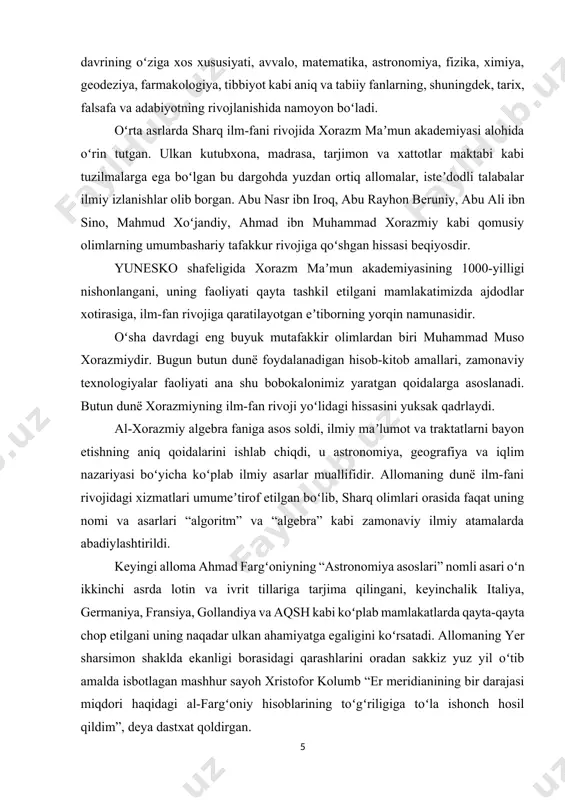 hiqdi, u astronomiya, geografiya va iqlim nazariyasi boʻyicha koʻplab ilmiy asarlar muallifidir. allomaning dunë ilm-fani rivojidagi xizmatlari umumeʼtirof etilgan boʻlib, sharq olimlari orasida faqat uning nomi va asarlari “algoritm” va “algebra” kabi zamonaviy ilmiy atamalarda abadiylashtirildi. keyingi alloma ahmad fargʻoniyning “astronomiya asoslari” nomli asari oʻn ikkinchi asrda lotin va ivrit tillariga tarjima qilingani, keyinchalik italiya, germaniya, fransiya, gollandiya va aqsh kabi koʻplab mamlakatlarda qayta-qayta chop etilgani uning naqadar ulkan ahamiyatga egaligini koʻrsatadi. allomaning yer sharsimon shaklda ekanligi borasidagi qarashlarini oradan sakkiz yuz yil oʻtib amalda isbotlagan mashhur sayoh xristofor kolumb “er meridianining bir darajasi miqdori haqidagi al-fargʻoniy hisoblarining toʻgʻriligiga toʻla ishonch hosil qildim”, deya dastxat qoldirgan. oʻn oltinchi asrda oydagi kraterlardan biriga bobokalonimiz nomi berilgan. yunesko qaroriga muvofiq 1998 yilda ahmad fargʻoniy tavalludining 1200-yilligi xalqaro miqësda nishonlandi. bu buyuk ajdodimizning jahon sivilizatsiyasi rivojiga qoʻshgan ulkan hissasi, xalqimiz ilmiy salohiyatining yana bir eʼtirofi boʻldi. davlatimiz rahbarining tashabbusi bilan quva va fargʻona …