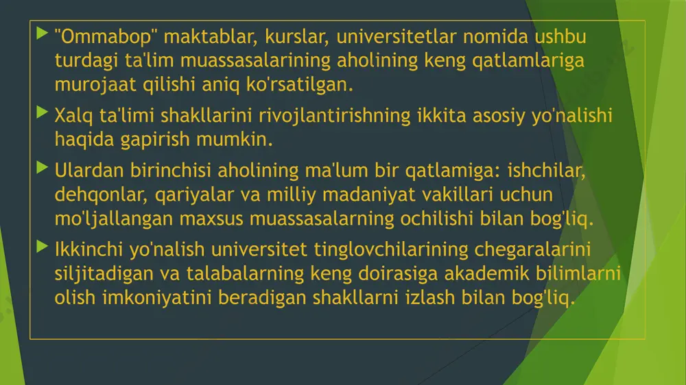 dasturlari va dasturlari rasman tasdiqlanmagan. trening shaklida (umumta'lim dasturlari bo'yicha ommabop ma'ruzalar agronomiya, veterinariya tibbiyotida amaliy mashg'ulotlar bilan birgalikda va boshqalar) olib borildi. kattalar uchun ta'lim shakli sifatida davlat maktablari evropada hozirgi kungacha saqlanib qolgan. daniyada 107 ta oliy davlat maktablari mavjud bo'lib, ular 4 oydan bir oygacha davom etadigan kurslar, shuningdek falsafa, g'oyalar tarixi, musiqa, drama, to'qish sohalaridagi qisqa yozgi kurslarni o'z ichiga oladi. hech qanday imtihonlar yo'q. institutlar xususiydir. finlyandiyada 91 ta davlat maktablari mavjud. ularning aksariyati: ular xususiydir yoki birlashmalarga, siyosiy partiyalarga, kasaba uyushmalariga va boshqa harakatlarga tegishli. maktablarda ta'lim, ko'pincha ijtimoiy-madaniy yo'nalishga ega, ba'zan esa professional. kurslar 1 yildan 3 yilgacha davom etadi. shtatlar ba'zi hollarda] xarajatlarning 55 foizini qoplaydi, talabalar 20 foizni to'laydi, qolgan qismini maktablar to'laydi. shvetsiyada 186 ta va norvegiyada 82 ta davlat maktablari mavjud. ichida 1867 g. kembrij universiteti o'qituvchisi d. styuart universitetni kengaytirish to'g'risidagi nizomni ishlab chiqdi (tarjimada - universitetni kengaytirish), …
