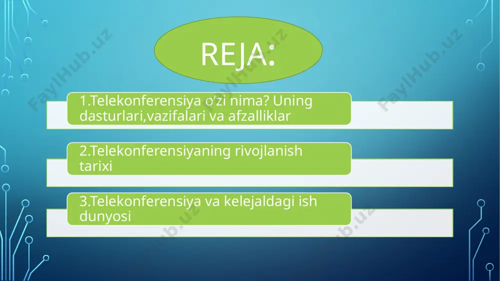 -biri bilan bo'lishish. chat: real vaqt rejimida matnli xabarlarni almashish. yozuvlar: uchrashuvlarni yozib olish va keyinroq ko'rish. uchrashuvlarni rejalashtirish: uchrashuvlarni rejalashtirish, takliflarni yuborish va qatnashuvchilarni chaqirish. integratsiya: boshqa ilovalar va tizimlar bilan integratsiya (masalan, google calendar, outlook). virtual fonlar: taqdimotchilarning fonini o'zgartirish imkoniyatini beradi. poling: uchrashuvlar davomida so'rovnomalarni o'tkazish imkonini beradi. tulkilarni o'zgartirish: istirokchilarni tulkilarga bo'lish imkonini beradi. telekonferensiya vazifalari 2 telekonferensiyaning rivojlanish tarixi uzun va murakkab bo'lib, bir necha asrlar davomida turli texnologiyalar va innovatsiyalarni o'z ichiga oladi. uni quyidagi bosqichlarga bo'lish mumkin: erta bosqichlar (19-asr oxirlari - 20-asr boshlari): telefonning ixtirosi (1876): telefonning ixtiro qilinishi telekonferensiyaning asosini tashkil etdi. dastlabki telekonferensiyalar faqat ikki tomonlama qo'ng'iroqlar orqali amalga oshirilar edi. simli telegraf va audio aloqaning rivojlanishi: simli telegraf texnologiyasi bir vaqtning o'zida bir necha odamlar orasida matnli xabarlarni uzatishga imkon berdi. bu telekonferensiyaning audio va video elementlariga yo'l ochdi. 20-asr o'rtalari: ko'p tomonlama telefon aloqasi: bir vaqtning o'zida bir …