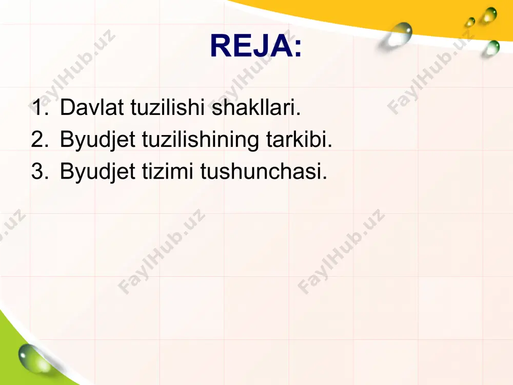 o‘z konstitutsiyasi va qo-nunlarini qabul qiladi. federativ davlatlarda byudjet tizimi uch bo‘g‘indan tarkib topgan: – davlat byudjeti (yoki federal byudjet, markaziy hukumat byudjeti); – federatsiya a‘zolari byudjetlari (aqshda – shtatlar byudjetlari, kanadada – provinsiyalar byudjetlari, gfrda – yerlar byudjetlari, shveytsariyada – kantonlar byudjetlari va h.k.); – mahalliy byudjetlar. konfederativ davlat konfederatsiya - davlatlarning ittifoqi bo‘lib, xalqaro-huquqiy xarakterga ega. konfederatsiya yangi davlatning vujudga kelishiga olib kelmaydi. jahon tarixida konfederatsiyalar vujudga kelib, ulardan federativ davlatlar ajralib chiqqanligi bilan bog‘liq voqealar uchrab turadi. konfederatsiya nisbatan kam tarqalgan davlat tuzilishi shaklidir. konfederatsiyaga a‘zo davlatlar o‘z faoliyatini muvofiqlashtirish uchun qo‘shma organlar tuzadi. mazkur organlar qat‘iy belgilangan sohalarda faoliyat ko‘rsatadi va qat’iy belgilangan (iqtisodiy, siyosiy, harbiy va b.) maqsadlarni ko‘zlaydi. byudjet tuzilishining asosini mamlakatdagi davlat tuzilishi shakli, amaldagi qonun hujjatlari, davlat byudjetining iqtisodiyot va ijtimoiy hayotdagi o‘rni belgilab beradi. byudjet tuzilishining tarkibi davlat budjeti o‘zbekiston respublikasining davlat budjeti (davlat budjeti) — davlatning davlat vazifalari va funksiyalarini …