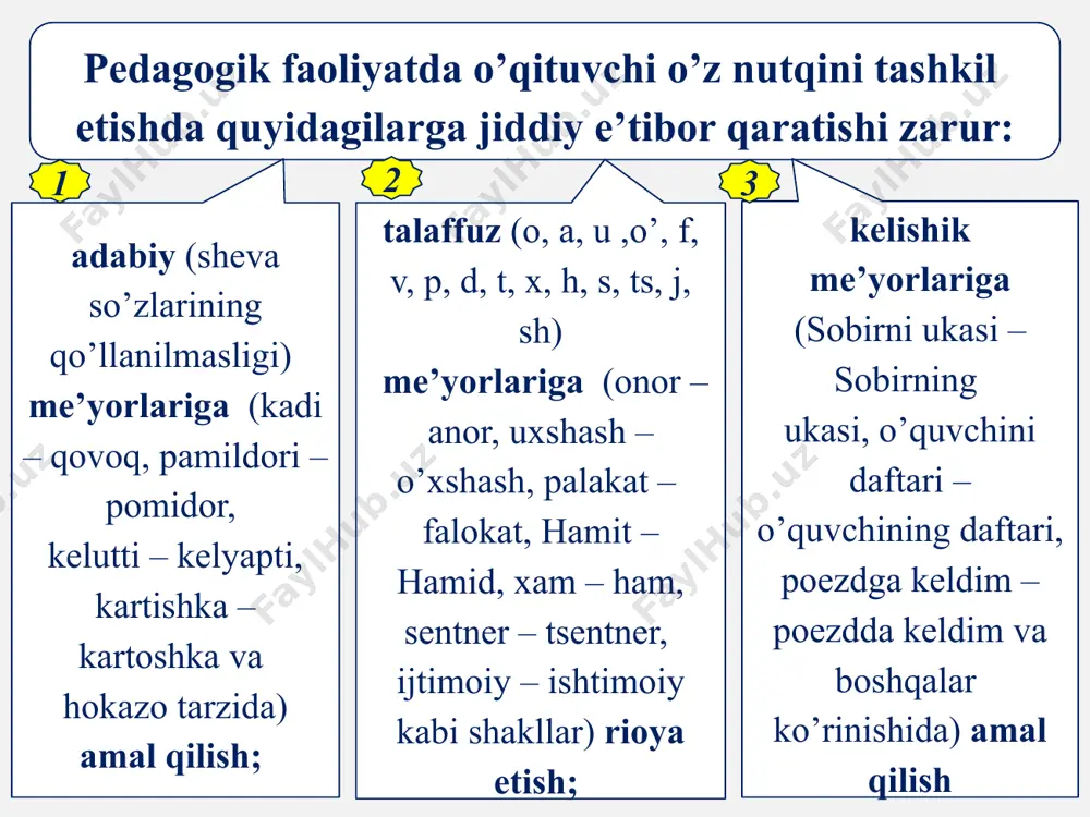 a ovozni mashq qildirish uzoq, muntazam va individual davom etadi. ko‘p olimlar olib borgan tadqiqotlari shuni ko‘rsatadiki, past ovoz o‘quvchilar tomonidan yaxshi idrok etiladi. past ovoz ularga yuqori ovozga nisbatan yoqadi. yuqori ovoz o‘quvchilarni ham, o‘qituvchining o‘zini ham tez charchatib qo‘yadi. o‘qituvchi kasb kasalliklarining 40,2 foizini ovoz kasalliklari tashkil etadi. o’qituvchining nutq malakasini shakllantirish yo’llari tomoqni qurib qolishidan saqlash uchun mutaxassislar soda va yod eritmasi bilan halqumni chayqab turishni tavsiya etadilar. quyidagi maslahatlar ham o‘qituvchilarga foydali: 1. bir xil tonda gapirish ovoz muskullarini charchatib qo‘yadi. agar har xil, ifodali belgilar bilan gapirilsa, ovoz apparatlari sog`lom bo‘ladi. 2. bo‘r-melning mayda changlari ovoz paylari uchun juda ham zararli, doimo doskani ho‘l latta bilan artish kerak. 3. dars bergandan so‘ng, agar havo sovuq bo‘lsa, tez yurmaslik kerak. chunki, sovuq havo xalqumni yallig`lantiradi. o‘quvchilarning o‘qituvchi nutqini yaxshi idrok etishlari uchun o‘qituvchi tovush, so‘zlarni aniq va ifodali talaffuz qilishi kerak. tovush, bo‘g`in va so‘zlarni to‘g`ri …