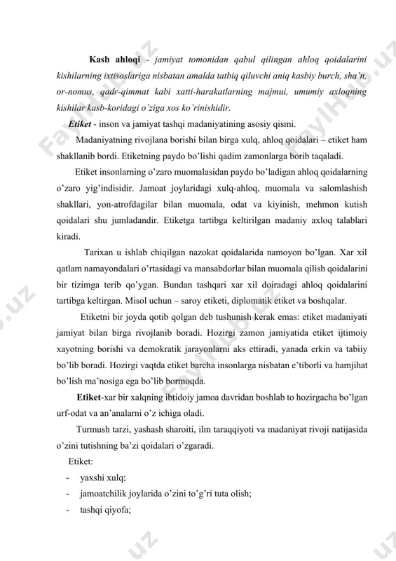 a-chuyda» xatti-harakatlarigacha o’z shogirdlari tomonidan shaxsiy namuna tarzida qabul qilinishini nazardan qochirmaslik kerak. ustoz-shogirdlik munosabatlaridagi kasbiy etika normalari bo’lajak o’qituvchilar kasb ahloqi shakillanishini ta’minlovchi omillardandir. pedagog avvalo nima uchun tarbiyachi vazifasini bajariyotganligini tushinib olishi kerak. jumladan «insonlarda nimani tarbiyalash kerak? degan savolgagina to’g’ri javob berishgina emas, balki qanday tarbiyalash kerakligini ham bilishi kerak. bu esa pedagogik ijodiyotida va pedagogik etiketida asosiy omildir. bolaning ichki dunyosiga kira bilish, uning ishongan do’sti bo’lish, yaxshilikka yo’naltirish, javobgarlikni his qilishni singdirish, uni jamiyatga foydali inson qilib yetishtirish – bu pedagogikaning gumanitar prinsipidir. kasbiy etika qonun-qoidalari kabinetlarda emas, balki, ish jarayonida shakllanadi. kasbiy-ahloqiy etiket normalarini ishdagi ijodkorlikdan ajratib bo’lmaydi, ayniqsa pedagogik ish jarayonida. shuning uchun kasbiy omilkorlik, o’z ishini yaxshi bilish, qaysi kasbdan qat’iy nazar ahloqiy normalarning boshlanshidir. kasbiy etika normalarning mazmuni, ularning amaliyligi u yoki bu masalalarni yechishda yordam beradi. ijodkor-pedagoglarning ijodiyoti bunga misol bo’la oladi. o’quv tarbiya jarayonidagi asosiy prinsiplaridan biri – bola …