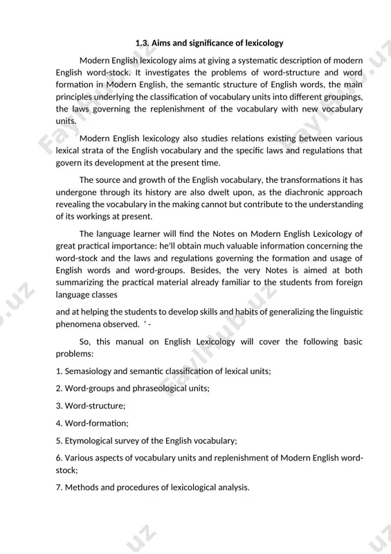 present-day english, therefore, different from those of its historical counterpart, cannot be divorced from the latter as the description would have been sadly incomplete if we didn't pay attention to the historical aspect of the problem - the ways and tendencies of vocabulary development. the extra-linguistic forces influencing the words development are considered in historical lexicology. let us illustrate the point by the following example: the verb to sack «dismiss from service» comes from the expression to get the sack, which, probably, rose from the habit of craftsmen of old times, who on getting a job took their own tools to the works; when they left or were dismissed they were given a sack to carry away the tools. closely connected with historical lexicology is contrastive and comparative lexicology whose aims are to study the correlation between the vocabularies of two or more languages, and find out the correspondences between …