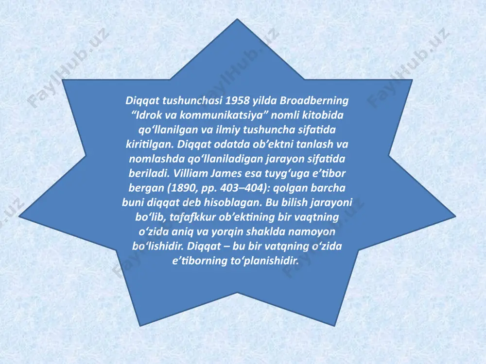 asiga qancha narsa sig’dira olsa, ana shunga qarab diqqatning keng yoki torligi aniqlanadi. o’tkazilgan tajribalarning ko’rsatishicha, katta yoshli odamlarda o‘z diqqat doiralariga ayni bir vaqtda 3 tadan 6 tagacha bir-biri bilan bog’liq bo’lmagan narsalarni sig’dira oladilar. p.ya.galperinning nazariyasida quyidagi holatlarga e’tibor qaratilgan diqqat yo‘naltirilganlik xususiyatiga ega va inson psixikasining eng muhim jihati bo‘lib, boshqa psixik fenomenlardan shunisi bilan farqlanadi. harakatlardan farqli ravishda diqqat faoliyatning mahsulini ta’minlaydi. diqqatning asosiy funksiyasi — harakat va psixik hodisalar ustidan nazorat o‘rnatishdan iborat. har bir harakat asosida yo‘lganlik, bajarish va nazorat qilish yotadi. bu eng oxirgi holatdir. diqqat mustaqil harakat sifatida faqatgina aqliy faoliyatdagina namoyon bo‘ladi. lekin, har qanday o‘z-o‘zini nazorat qilish diqqatni tavsiflamaydi. diqqat o‘z-o‘zini nazorat qilish jarayonini samaradorliligini oshiradi. ixtiyoriy diqqat faoliyatning mahsuldorligini ta’minlaydi. agar diqqatni faoliyat sifatida ko‘rib chiqsak, psixik nazorat diqqatning ixtiyoriy va ixtiyorsiz harakterini tavsiflaydi va aqliy haraatlarni shakllanishini ta’minlaydi. baar tomonidan ilgari surgan dominantlik tamoyili va ularning zamondoshlari tadqiqotlarida …