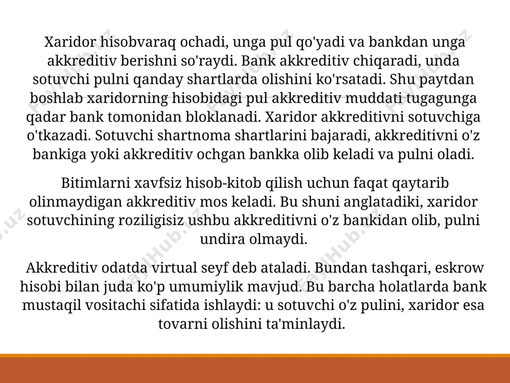 kontrakt) tuzadilar, unda hujjatli akkreditiv uning uchun to‘lov shakli sifatida harakat qilishini bevosita ko‘rsatadi. shartnomada quyidagilar ko'rsatilishi lozim: • bo‘lajak arizachi va benefitsiarning (import qiluvchi va eksport qiluvchi o‘rtasidagi shartnoma taraflari bo‘lgan) nomlari va ularning bank rekvizitlari; • akkreditiv ochayotgan bankning nomi (emitent bank). qoidaga ko'ra, importyorga xizmat ko'rsatadigan bank shunday bank sifatida tavsiflanadi; • ochiladigan akkreditiv turi (masalan, qaytarib bo‘lmaydigan o‘tkazma); • maslahat beruvchi bankning nomi; • hujjatlar taqdim etilishi lozim bo‘lgan bank nomi (ijro etuvchi bank); • akkreditiv summasi va valyutasi; • akkreditivni rasmiylashtirish turi (taqdim etish bo‘yicha, bo‘lib-bo‘lib, aksept bo‘yicha); • akkreditiv bo‘yicha muzokaralar olib borish imkoniyati, zarur bo‘lsa, muzokaralar olib borishga ruxsat berilgan bank; • akkreditivning amal qilish muddati, ya'ni benefitsiar ijro etuvchi bankka tegishli hujjatlarni taqdim etgan holda akkreditivdan foydalanishi mumkin bo‘lgan muddat; • tovarlarni jo'natishning oxirgi muddati. belgilangan bank uchun jo'natishning haqiqiy sanasi transport hujjatidagi sana bo'ladi; • yuk jo‘natiladigan joy; • tovarlarni qisman …