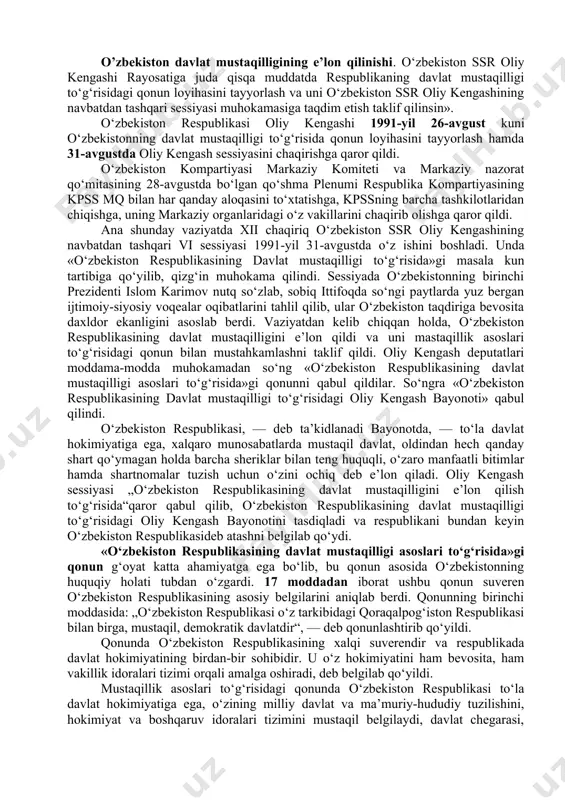 igi yomonlashdi, shu sababli uning sssr prezidenti vazifalarini ijro etish imkoniyati yo‘q, degan soxta axborot bilan chiqdilar. bayonotda prezident vakolatlari vitse-prezident g. i. yanayevga o‘tkazilganligi e’lon qilindi. aslida esa prezident m. s. gorbachyov sog‘-salomat edi, ammo o‘zini himoya qila olmadi. fitnachilar uni mamlakatdan, xalqdan, dunyodan ajratib, barcha aloqa vositalarini uzib, 72 soat qamal qilib qo‘ygan edi. fitnachilar tomonidan mamlakatni idora qilish uchun quyidagi tarkibda sssrda favqulodda holat davlat qo‘mitasi (fxdq) tuzildi: o.d. baklanov — sssr mudofaa kengashi raisining birinchi o‘rinbosari, v.a. kryuchkov —sssr davlat xavfsizligi qo‘mitasining raisi, v.s. pavlov — sssr bosh vaziri, b.k. pugo — ichki ishlar vaziri, v.a. starodubsev — sssr dehqonlar uyushmasi raisi, i. tizyakov — sssr sanoat, qurilish, transport va aloqa davlat korxonalari hamda inshootlari uyushmasining prezidenti, d.t. yazov — sssr mudofaa vaziri, g.i. yanayev — sssr prezidenti vazifasini bajaruvchi. shu tariqa fitnachilar m.s.gorbachyovni noqonuniy yo‘l bilan hokimiyatdan chetlashtirib, o‘zlari hokimiyatni egallab oldilar. mazkur qo‘mita sovet …