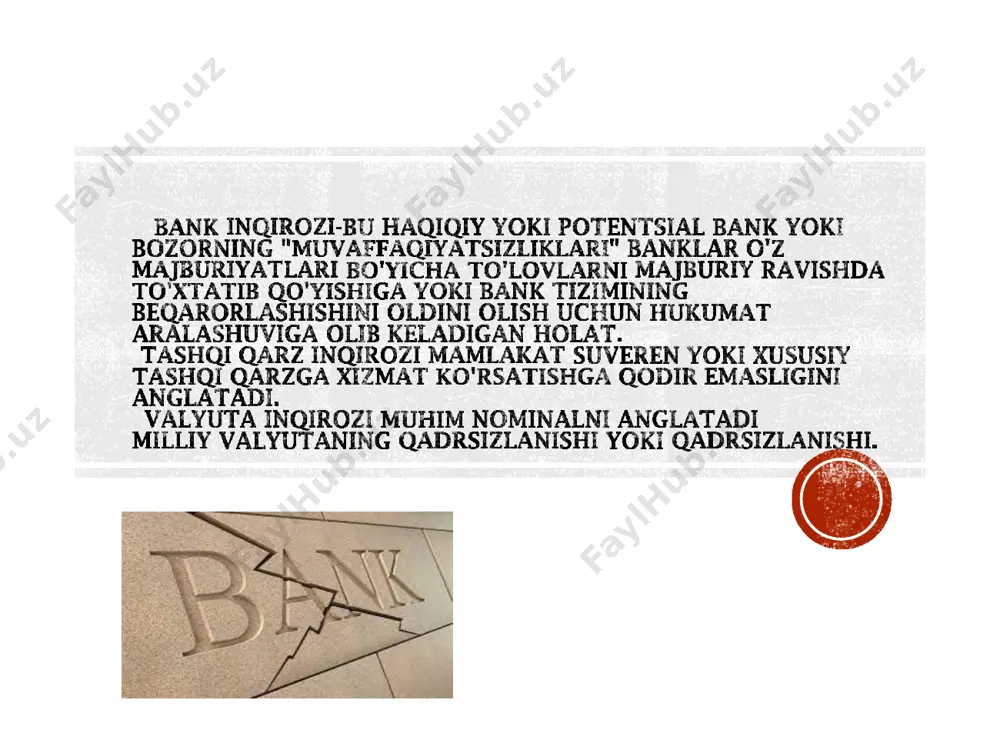 ishi va depozit bazasining torayishi, milliy kapitalning chet elga parvozi, faol va passiv operatsiyalar tuzilmasining o'zgarishi. tovar narxlari, moliyaviy aktivlar narxlari, foiz stavkalarining keskin o'zgarishi iqtisodiyotdagi umumiy noaniqlikni va banklarning asosiy kontragentlari — omonatchilar, qarz oluvchilar va tartibga soluvchilar bilan munosabatlari tizimidagi xavfni sezilarli darajada oshiradi. banklar tomonidan kredit va bozor xatarlarini, omonatchilar va tartibga soluvchi organlar tomonidan banklarning to'lov qobiliyatini baholash ancha qiyin. tashqi iqtisodiy sabablar finlyandiyadagi inqiroz (1990 –yillarning boshlari)finlyandiyada umumiy iqtisodiy inqirozning asosiy sababi sovet ittifoqining qulashi tufayli tashqi bozorning katta qismini yo'qotish edi. finlyandiya eksportining 1/3 qismi sssrga yo'naltirilganligi sababli, 1991 yildan keyin finlyandiya yalpi ichki mahsuloti va aktivlar narxlarining keskin pasayishi kuzatildi va finlyandiya markasi devalvatsiya qilindi. 1973 yilda aqshdagi bank inqirozi. bunga opekga a'zo davlatlar tomonidan qilingan harakatlar sabab bo'lgan. neft eksport qiluvchi davlatlar aqshga energiya resurslarini etkazib berishga embargo qo'yishdi va ularning narxini 70 foizga oshirdilar. bunday chora suriya va misr bilan harbiy …