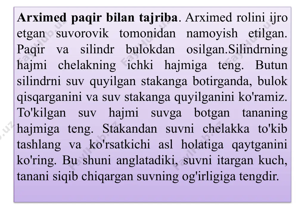 osiladigan shayin bilan plunjerning yuqori qismi o‘zaro ulangan. gidroakkumulator chizmasi. akkumulator silindriga bosim ostidagi suyuqlik (moy) haydaladi, bu suyuqlik plunjerni yuklari bilan ma’lum balandlikka ko‘taradi. plunjer eng yuqori nuqtachasigacha ko‘tarilgandan so‘ng, gidravlik nasos avtomatik ravishda o‘chiriladi va bosim ostidagi suyuqlik quvur bo‘ylab gidravlik mashinaga, masalan, pressga suyuqlikni damlab itaruvchi nasosga uzatiladi va pressning uzluksiz yuklama bilan ishlashi ta’minlanadi. xulosa. arximed kuchi tananing hajmiga bog'liq, suyuqlikka botgan tananing hajmi qanchalik katta bo'lsa, arximed kuchi shuncha katta bo'ladi. topshiriq jismning og‘irligi g =100 kn + n1 ga teng. shu jism suvga botirilganda og‘irligi g=50kn +n2 ga teng bo’ldi. jismning xajmi v ni toping. shu jism benzinga botirilganda og‘irligi qanchaga teng bo‘lar edi. n1 -familiyangizdagi xarflar soni n2 -ismingizdagi xarflar soni nazorat savollar 1. suyuqlikka tashqaridan berilgan bosim suyuqlikning hamma nuqtalariga qanday uzatiladi? 2.gidrostatik mashinalar deb nimaga aytiladi va ularning texnikada qanday axamaiyati bor 3. gidropessladan qaysi maqsadda foydalaniladi va ularda necha tonnagacha …