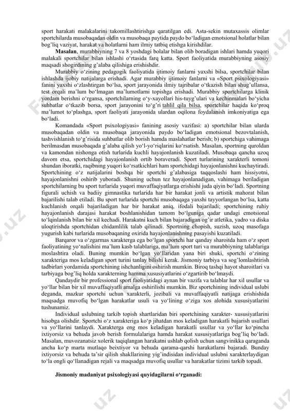 dagi psixologik jihatlariga alohida e’tibor berish kerak: a) yuqori darajada ishchanlikni vujudga keltirish va chidamlilikni o‘stirish uslublaridan foydalanish; b) sportchining musobaqadan oldingi va musoba jarayonidagi ruhiy holatini o‘rganish; c) sportchilarning noqulay ruhiy holatdan chiqib ketish yo‘llarini izlab topish; d) sportchilarni psixologik tayyorgarlik va chiniqish uslublaridan foydalanishga o‘rgatish. iv. sport faoliyatini insonparvarlashtirish maqsadida psixologik muhit va shart-sharoitlarni vujudga keltirish. agar sport faoliyati insonparvarlashtirilsa, sportchilar orasida tan jarohati olish kamayadi; ruhiy toliqish, zo‘riqish va har xil kasalliklarga chalinishning oldi olinadi. bu esa, o‘z navbatida, sportchilarning garmonik rivojlanishi uchun yordam beradi. bunday masalalarni to‘g’ri hal qilishda sportchilar hayotida ozodalik va gigiyenik ishlarni oqilona tashkil qilish yaxshi natijalar beradi. sport faoliyatini insonparvarlashtirish masalalarini ijobiy va to‘g’ri hal qilish uchun «sport psixologiyasi» fani quyidagi vositalardan foydalanishni tavsiya qiladi: a) sport faoliyatining ichki tomonlari va sport jamoasi a’zolarining o‘zaro munosabatlari qonuniyatlarini o‘rganish; b) sport faoliyati motivlarining tuzilish qonuniyatlarini o‘rganish; c) sportchi faoliyati ruhiy holatining individual psixologik …