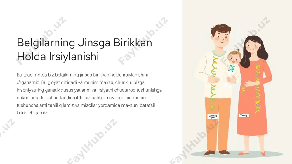 angi turlari. tishlarning shakli va o'lchami tishlarning shakli va o'lchami ham jinsga birikkan genlar tomonidan belgilanadigan belgilardir. 5 jinsga birikkan irsiylanishning muhimligi 1 kasalliklarni tushunish jinsga birikkan genlarning o'zgarishi turli xil kasalliklarga olib kelishi mumkin. ushbu kasalliklarni tushunish va davolash usullarini topish uchun ularni o'rganish juda muhimdir. 2 irsiylanishni tashxislash genetik tahlillar orqali jinsga birikkan genlarni tahlil qilish mumkin va bu kasalliklarning irsiylanishini aniqlashga yordam beradi. 3 davo usullarini ishlab chiqish jinsga birikkan genlarni o'rganish yangi davolash usullarini ishlab chiqishga yordam beradi. masalan, gen terapiyasi yordamida ayrim kasalliklarning sababi bo'lgan genlarni tuzatish mumkin. 6 jinsga birikkan irsiylanish va jamiyat 1 ijtimoiy ta'sir jinsga birikkan genlar jamiyatning jinsiy rol va qarashlari bo'yicha ta'sir ko'rsatishi mumkin. biroq, muhim tomoni shundaki, irsiylik jamiyatda mavjud bo'lgan jinsiy kamsitishning sababi emas. jamiyat jinsiy kamsitishni yo'q qilish uchun harakat qilishi kerak. 2 ilmiy tushuncha jinsga birikkan irsiylanishni chuqurroq tushunish bizga jamiyatda mavjud bo'lgan jinsiy tengsizlikning sabablarini …