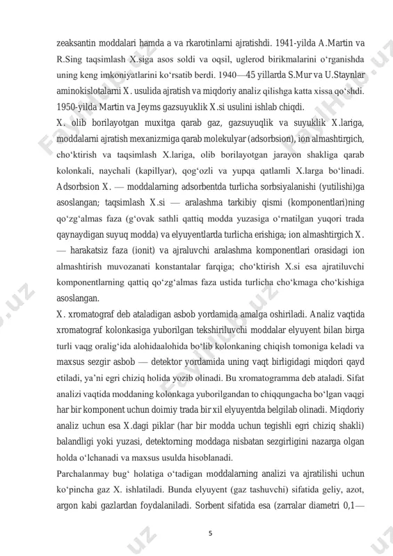 rganik va neft kimyosi sintezi mahsulotlari analizida, doridarmonlar tozaligini aniklashda, kriminalistikada katta axamiyatga ega. kosmik kemalar gazi, mars atmosferasi gazi, oy tuprogʻidagi moddalarni analiz qilishda ham x. usullari joriy etilgan. x. yuqori molekulali birikmalar, ayniqsa, inson, hayvon, oʻsimlik, mikroblar dunyosiga tegishli biologik obʼyektlarning analizi uchun nihoyatda zarur. x. usullari oʻsimlik tarkibidagi birikmalarni aniqlash, ajratib olish, neft, gaz tarkibini oʻrganishda keng qoʻllanadi. 7 2.2 ion almashuv xramotografiya usuli bu usulda oqsillar elektrostatik kuch yordamida bog’lanadilar, ya’ni bu hodisa zaryadlangan oqsil sirtlari va zaryadlangan ionalmashuv birikma guruhlarining zich qatlami o’rtasida yuzaga keladi. tipik ionalmashuvchi sifatida bo’ktirilgan dietilaminoetilni (deae-) yoki karboksimetil (km-) sellyulozani ko’rsatish mumkin. ular bo’ktirilgan holatda zaryadli guruxlarning 0,5 m miqdoriga ega bo’ladi. bu zaryadlar kolonkada qarama-qarshi bo’lgan ionlarni (metal ionlari, xlor ionlari, bufer va x.k.) neytrallaydi. odatda oqsilning umumiy zaryad belgisi ion almashuvchiga o’tirgan ion belgisi bilan bir xil bo’ladi va kolonkadan o’tish jarayonida aynan uni siqib chiqaradi. shuning uchun …