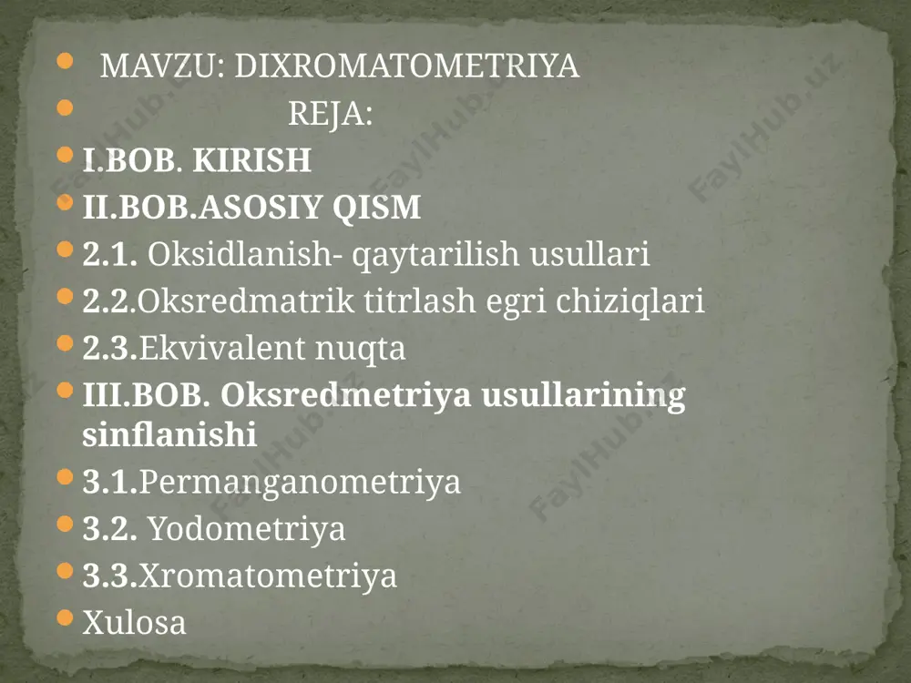 ta bo‘g‘in kadrlarini tayyorlaydigan professional ta’lim muassasalarida o‘quvchilarning nazariy bilimlarini amaliyotda mustahkamlash, “ustoz-shogird” an’analarini rivojlantirish va o‘quvchilarga kasbiy ta’lim berishga ko‘maklashish; mamlakatimizda kimyo va biologiya fanlarini rivojlantirish, ushbu yo‘nalishlarda ta’lim sifati va ilm-fan natijadorligini oshirish “ilm, ma’rifat va raqamli iqtisodiyot yili” davlat dasturining ustuvor vazifalari qatorida belgilangan. 2.1. oksidlanish- qaytarilish usullari oksidlanish-qaytarilish reaksiyalari — elektronlarning atomlardan atomlarga butunlay yoki qisman oʻtishi bilan bogʻliq kimyoviy reaksiyalar. elektronlar chiqarilishi oksidlanish, elektronlar biriktirib olinishi qaytarilish deyiladi. oksidlanish-qaytarilishr atamalari dastlab metall oksidlarining hosil boʻlish va parchalanish reaksiyalarida qoʻllaniladi. cu+’/2o2=cuo metallarning oksidlanishiga, cuo+h2=cu+h2o metall oksidlaridan metall hosil boʻlishi (qaytarilishi)ga misol boʻladi. atom yoki ionlari reaksiya jarayonida elektron biriktirib oladigan moddalar oksidlovchilar,elektron beradigan moddalar esa qaytaruvchilar deb ataladi.oksidlovchi reaksiya vaqtida oksidlanadigan moddadan elektronni tortib olib,oʻzi qaytariladi,qaytaruvchi esa elektronlar yoʻqotib, oʻzi oksidlanadi. har qanday oksidlanish qaytarilishsiz boʻla olmaydi, chunki kimyoviy reaksiyada atomlar oksidlanish darajasi (p)ning yigʻindisi doimiydir. n2+s12=2ns1 reaksiyasida p (n) 0 dan + 1 gacha oʻzgaradi, …