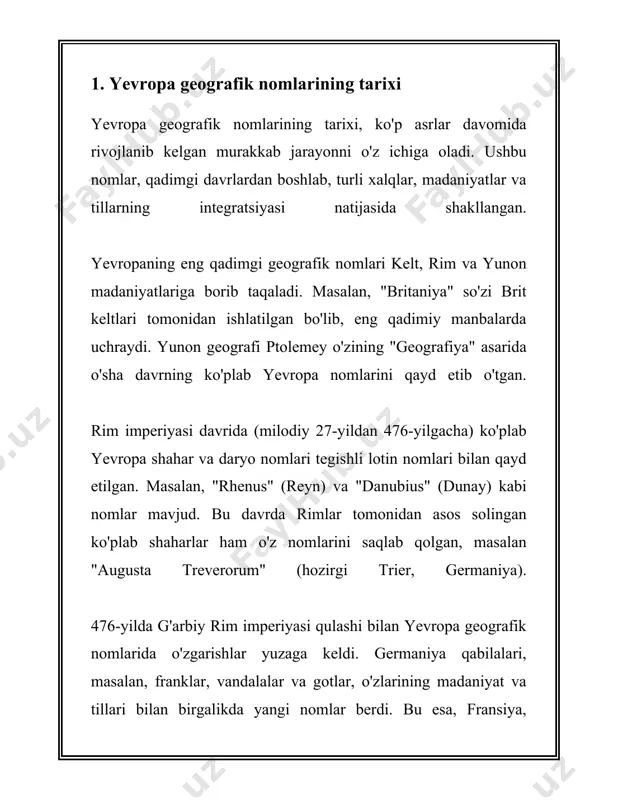 turli tarixiy davrlar turli xil ta'sir ko'rsatgan bo'lib, bugungi kungacha yetib kelgan murakkab va rang-barang geografik xaritani hosil qilgan. 2. yevropa shaharlarining etimologiyasi yevropa shaharlarining etimologiyasi juda qiziqarli mavzu bo‘lib, ko‘pchilik shaharlar o‘z nomlarini tarixiy, geografik va madaniy omillarga ko‘ra olgan. turli tillar aralashuvi va uzoq tarixiy jarayonlar ushbu nomlarni paydo bo‘lishida asosiy rol o‘ynagan. quyidagi ma’lumotlar turli yevropa shaharlarining etimologiyasiga qaraydi va 500 so‘zdan iborat. 1. **london**: london nomi qadimgi rimliklar davrida "londinium" sifatida ma'lum edi. "londinium" nomining kelib chiqishi haqida bir nechta nazariyalar mavjud. eng keng tarqalgan nazariyaga ko‘ra, bu nom "ishtiyoq" yoki "daryo" ma’nosini anglatuvchi kelt tilidan kelib chiqqan deb hisoblanadi. 2. **parij**: parij shahrining nomi qadimgi kelt qabilasi - pariziylardan olingan. rimliklar kelgach, shahar "lutetia" deb nomlangan edi, keyinchalik u "parisius"ga o‘zgartirildi. 3. **berlin**: berlin nomi ilk bor 13-asrda tilga olingan. "berlin" qisqa "ber" so‘zidan kelib chiqqan bo‘lib, slavyan tilida "mo‘ri" yoki "qumloq joy" ma’nosiga ega. …
