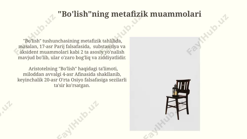 tahlil qilishda, sharq falsafasi, xususan, 12-asr buxoro maktabining g'oyalari, insonning ontologik holatini tushunishda muhim ahamiyat kasb etadi. o'zlik (identifikatsiya) masalasi 20-asr ekzistensializmi, ayniqsa, satre va haydeggerning falsafiy tizimlarida markaziy mavzu bo'lib, insonning o'z mavjudligini anglashiga urg'u beradi. "bo'lish" va mavjudlik "bo'lish" va "mavjudlik" o'rtasidagi farqni tushunish uchun, hozirgi zamon ontologiyasi va ekzistensializmning 5 ta muhim mavzusini samarqand universiteti darsliklarida tahlil qilish kerak. "bo'lish" tushunchasi, qadimgi yunon faylasuflari, masalan, parmenides (miloddan avvalgi 5-asr) tomonidan o'rganilgan bo'lib, mavjudlikning 1 ta asosiy shaklini ifodalaydi va o'rta osiyo falsafasiga 20-asrda kuchli ta'sir ko'rsatgan. "bo'lish" va o'zgarish "bo'lish" va "o'zgarish" muammosini 3 asosiy yo'nalishda o'rganish mumkin: metafizika, epistemologiya va aksiologiya orqali. ularning har biri bu muammoni turlicha talqin qiladi. o'zgarish fenomeni, aksincha, geraklit (miloddan avvalgi 540-480 yillar) efes shahrida yashab, o'zgarishning doimiyligi haqidagi fikrlarini ilgari surgan. bu ikki nuqtai nazar 2 ta asosiy ontologik pozitsiyani ifodalaydi. "bo'lish"ning amaliy ahamiyati “bo'lish” tushunchasi 20-asr o'zbekiston falsafasi rivojida, …