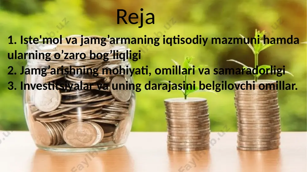 moliyaviy mablag'lar(oblegatsiya zayomlari,bank kreditlari) jalb qilingan moliyaviy mablag'lar(aktsiyalarni sotishdan olingan mablag'lar jismoniy va shaxslarning boshqa to'loblari) byudjetdan investitsyalrni moliyalashtirish uy xo’jaliklarining iste’mol xarajatlari (bundan buyon iste’mol deb yuritiladi), yalpi talab, yoki yaimning yakuniy iste’molga ko’ra tarkibida eng katta ulushga ega bo’lgan komponentdir. shu tufayli ham iste’mol xarajatlariga ta’sir etuvchi omillarni, uning o’zgarish qonuniyatlarini o’rganish muhim ahamiyatga ega, uy xo’jaliklari tasarrufidagi daromadning iste’mol qilinmasdan qolgan qismi ularning jamg’armalarini tashkil etadi. klassik maktab vakillari jamg’arish hajmi foz stavkasining funktsiyasi de qarashsa j.m. keyns uy xo’jaliklarining iste’mol xarajatlari va jamg’arishlari hajmini belgilovchi asosiy omil ularning ishlab chiqarishda ishtirok etishdan olingan daromadlari deb hisoblaydi. yanada aniqlik kirishsak iste’mol va jamg’arish o’lchamini belgilovchi asosiy omil uy xo’jaliklarining ishlab topgan daromadlari, olgan transfert to’lovlari va to’lagan soliqlari bilan belgilanadigan tasarrufidagi daromadi (di – dispocable income, yoki yd ) ko’rsatkichidir. makroiqtisodiy nazariyada iste’mol va jamg’armalar, milliy daromad yoki shaxsiy daromadlarning funktsiyasi sifatida ham tadqiq qilinadi. ma’lumki, uy …