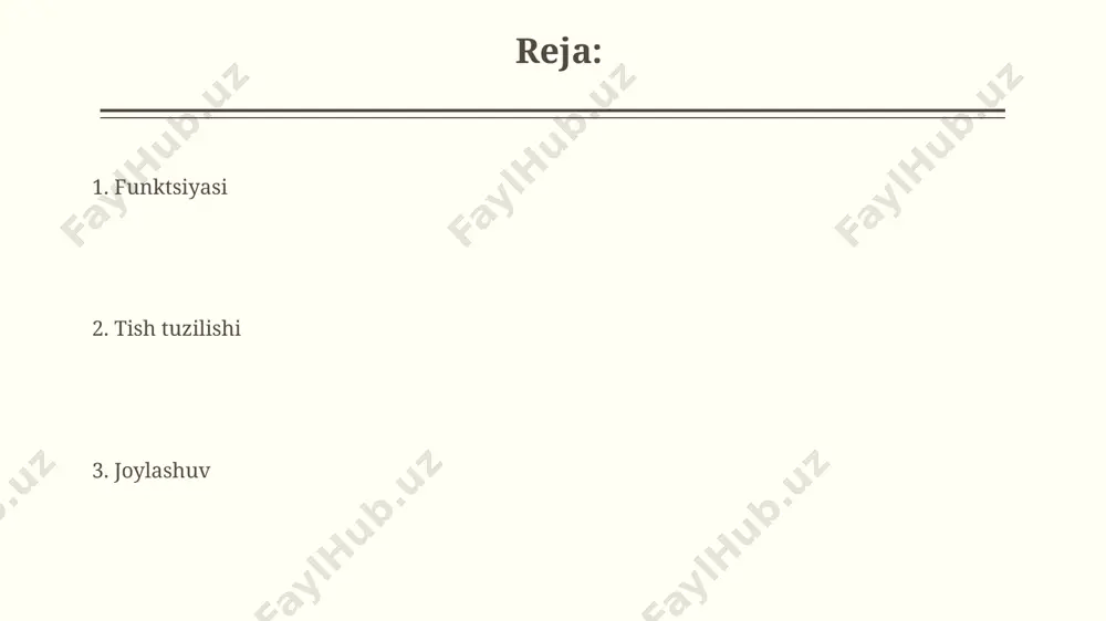 ri orqali o'tadi. bu tubulalar issiq va sovuq kabi og'riq sezgilarini pulpa tomon yetkazadi, shuningdek, oziqlantiruvchi moddalarni ham tashiydi. dentin tish emalidan keyin ikkinchi qattiqlikdagi to'qima bo'lib, tish hajmining asosiy qismini tashkil etadi, taxminan 70% noorganik gidroksiapatit, 20% organik modda va 10% suvdan iborat. tish tuzilishining rivojlanishi tish ildizining rivojlanishi tishning toj qismi shakllangandan so'ng boshlanadi va hertvig epitelial qinining hosil bo'lishi orqali amalga oshiriladi. ushbu qin dentin va sementning shakllanishiga yordam beradi, natijada tishning ildizi rivojlanadi. odontogenez jarayoni bir necha bosqichda, jumladan, kurtak, qopqoq va qo'ng'iroq bosqichlarida sodir bo'ladi. bu bosqichlarda ameloblastlar (emalni hosil qiluvchi hujayralar) va odontoblastlar (dentinni hosil qiluvchi hujayralar) shakllanadi. emal: joylashuvi va funksiyasi emal tishning eng qattiq, tashqi qoplamidir. u 96% mineral tuzlardan, asosan gidroksiapatitdan iborat bo'lib, tishni kundalik chaynov yuklamalaridan himoya qiladi va og'iz muhitiga chidamli bo'ladi. emal tish kasalliklari va tuzilishga ta'siri periodontitda suyakning reabsorbsiyasi 2 mm dan ortiq bo'lishi mumkin, tishlarni ushlab …