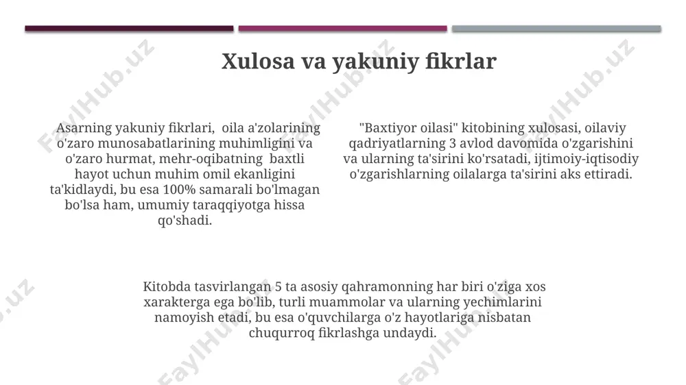 lashtirganligi bilan ahamiyatlidir. kitobning tanqidchilari va ularning fikrlari psixologik jihatlarning chuqur tahliliga qarshi chiqqan tanqidchilarning 15 foizi, asarning realistik bo'lmaganligini va voqealar mantig'iga oid kamchiliklarni keltirganlar. kitobning badiiy uslubi haqidagi bahslarda, taxminan 20% tanqidchilar uning soddaligini, 80% esa obrazlilik va metafora kamligini ko'rsatishgan. ba'zi tanqidchilar romanning 300 sahifadan ortiq hajmiga e'tiroz bildirib, hikoya sur'atini sustlashtirganini ta'kidlashgan. asardagi muhim mavzulardan biri: sevgi “asardagi sevgi” mavzusi 3 ta asosiy qahramon – ota, ona va farzand munosabatlari orqali 2 ta avlod davomida, taxminan 20 yilni o'z ichiga olgan voqealar orqali ochib beriladi. kitobda tasvirlangan sevgi turlari – oilaviy sevgi, do'stlik, mehr-oqibat, muhabbat kabi 4 ta asosiy turga bo'linishi mumkin bo'lib, ularning har biri o'ziga xos xususiyatlarga ega. sevgi tuyg'usining ifodalanishi adabiy asarda 5 dan ortiq turli usullar orqali, jumladan, qahramonlarning ichki monologi, ularning harakatlari va o'zaro muloqotlari orqali namoyon bo'ladi. asardagi muhim mavzulardan biri: oila baxtiyor oilasining 20 yillik tajribasi asosida oilaviy baxtning …