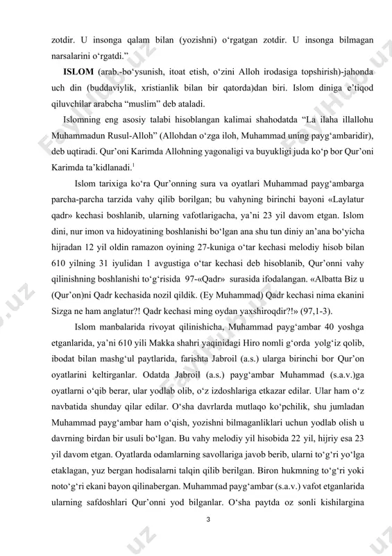 day qilar edilar. o‘sha davrlarda mutlaqo ko‘pchilik, shu jumladan muhammad payg‘ambar ham o‘qish, yozishni bilmaganliklari uchun yodlab olish u davrning birdan bir usuli bo‘lgan. bu vahy melodiy yil hisobida 22 yil, hijriy esa 23 yil davom etgan. oyatlarda odamlarning savollariga javob berib, ularni to‘g‘ri yo‘lga etaklagan, yuz bergan hodisalarni talqin qilib berilgan. biron hukmning to‘g‘ri yoki noto‘g‘ri ekani bayon qilinabergan. muhammad payg‘ambar (s.a.v.) vafot etganlarida ularning safdoshlari qur’onni yod bilganlar. o‘sha paytda oz sonli kishilargina o‘qish-yozishni bilganlar. savodli musulmonlar yozish imkoni bo‘lgan narsalarga qur’on oyatlarini aniqlik bilan yozib borganlar. islom ta’limotiga ko‘ra, oldingi ilohiy kitoblar buzilib ketganligi sababli qur’on ularning ta’limotini tiklab kelgan. qur’oni karim – alloh tarafidan 23 yilga yaqin muddat mobaynida muhammad payg‘ambarga oyatma-oyat, sura-sura tarzida nozil qilingan ilohiy kitobdir. bu kitob islom dinining muqaddas manbai hisoblanadi. islom ilohiyot maktablaridan biri ahl as-sunna va-l-jamoa ta’limotiga ko‘ra, qur’on alloh taoloning so‘zi va uning azaliy ilmidir. qur’on islom huquqining bosh …