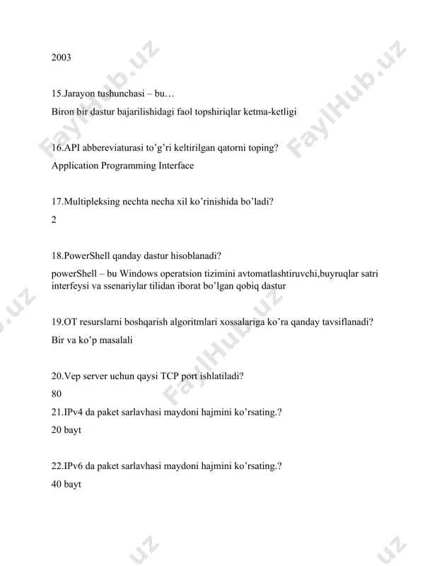 operatsion tizimida chmod 754myfile katalogiga user uchun:o’qish,yozish,bajarish – user group uchun:o’qish,bajarish – other uchun:faqat o’qish huquqi berilgan qatorni toping? chmod 754 myfile 43.qanday turdagi dasturiy ta’minot faqat viruslar bilan kurashadi va fayllar o’zgarishsiz qoldirilgan holda viruslarni yo’qotadi? antivirus dasturiy ta’minoti 44.operatsion tizim xavfsizlik xususiyatlariga ega bo’lishi uchun uning muhiti barcha “shubhali” hodisalarni qayd etishni ta’minlashi kerak.ushbu hodisalarni qayd etish jurnali…… deb nomlanadi audit 45.foydalanuvchi uchun foydali bo’lgan har qanday foydalaniladigan obyekt(uning mavjud bo’lish shaklidan qat’iy nazar),operatsion tizim nuqtai nazaridan qanday nomlanadi? resurslar 46.qanday domen kontrolleri xizmati mijozlardan http so’rovlarini qabul qiladi va ularga http javoblarini beradi,odatda html sahifasi,rasm,media-oqim yoki boshqa ma’lumotlar bilan birga? veb server 47. operatsion tizimda kim tizim jurnalida o’qish,o’zgartirish va tozalash imkoniga ega? tegishli huquqqa ega bo’lgan audit foydalanuvchisi 48.operativ tezkor xotirani virtuallashtirish qanday amalga oshiriladi? operatsion tizim modullari va mikroprotsessor bilan birgalikda 49.barcha dasturlar cheksiz ishlaydigan,ammo hech narsaga erisha olmaydigan vaziyat qanday nomlanadi? ochlik 50.xotira bo’linishi …