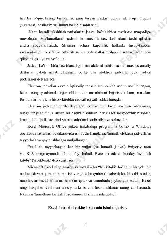 zarvarag’i ekranga chiqadi, (2-rasm) 2- rasm 3- rasm sungra microsoft excel dasturining ish oynasi ekranga chiqadi (3-rasm). microsoft excel dasturidan chiqishning bir necha yo’llari mavjud bo’lib bo’lardan ayrimlarini ko’ramiz. 1. tizimli tugmalardan - yopish tugmasini sichqonchaning chap tugmasini bosish orqali dasturdan chiqishimiz mumkin. 2. fayl menyusiga kirib выход buyrug’ini tanlab ham dasturdan chiqishimiz mumkin. 3. klaviatura orqali esa alt + f4 tugmalarini birgalikda bosish orqali dasturdan chiqishimiz mumkin microsoft excel dasturining ish oynasi qo’yidagi qismlardan tashkil topgan sarlovha satri -oynaning eng yuqoridagi qismi. bu satrda dastur belgisi, fayl nomi va dastur nomi, oynaning uchta asosiy tugmalari joylashgan buladi. shu satrga sichqoncha bilan bosib turib, harakatlantirsak, u holda oynani ekranda joyini o’zgartirish mumkin. menyu satri - oynaning bu satri asosan sarlovha satri tagida joylashadi va shu satr yordamida dasturning hamma buyruqlari bilan ishlashimiz mumkin, chunki bu satrda hamma buyruqlar saralanib guruxlarga bulingan. uskunalar satri - oynaning uchinchi va to’rtinchi satri bulib …