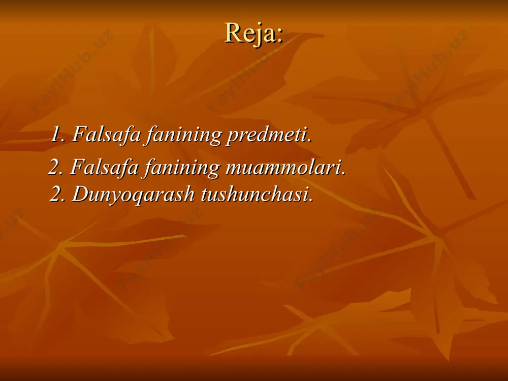 qondirish uchun moddiy va ma’naviy qadriyatlar yaratadilar. mavjud fanlar o’zining xilma-xilligi bilan ifodalanadi. shularning ichida eng qadimiysi falsafadir. “falsafa” atamasi ikkita yunoncha so’zdan (“fileo” — sevaman va “sofia” — donolik) olingan bo’lib, “donolikni sevaman”, degan ma’noni anglatadi. mazkur fanga bunday nom tasodifan berilgan emas. falsafa paydo bo’lishi bilan kishilar fikrini band etgan turli-tuman savollarga javob qidirishga harakat qilgan. xususan, bizni qurshab turgan dunyo qanday paydo bo’lgan, u qanday rivojlanadi? inson ongi, ruhiyatinint materiyaga, tabiatga munosabati qanday? inson dunyoni bilishga qodirmi yoki yo’qmi? jamiyat qanday paydo bo’lgan va uning harakatlantiruvchi kuchlari nimalardan iborat? kabi savollar shular jumlasidandir. falsafaning e’tibor markazidagi savollarning xilma-xilligi va rang-barangligini e’tiborga olib, yunonlar uni “donolik fani” yoki “donishmandlik” deb ataganlar. falsafa mavjud narsa va hodisalarning eng umumiy aloqadorligi va rivojlanish qonuniyatlarini, ularning tub mohiyatini bilishga qaratilgan fandir. bu haqda forobiyning quyidagi so’zlari alohida e’tiborga sazovordir: “mavjudot haqidagi bilim qo’lga kiritilsa, shu haqida ta’lim berilsa, mavjudotdan bo’lgan narsaning …