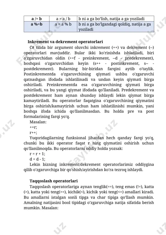 nday ma’lumotlarni ekranga chiqaradi va kursorni yanggi satrdan joylashtiradi. bu ikki funksiyani ishlatishga doir misol: 2.8-listing using system; namespace app13_for_all { internal class program { public static void main() { string s = "chiqarishni tekshirish"; int y = 2; int i = 2; console.writeline(s); // o'zgaruvchini chiqarish console.writeline(55.3); // konstantani chiqarish console.writeline(y * 3 + 7); // biror ifodani chiqarish console.write(s); // o'zgaruvchi console.write(-5.3); // konstanta console.writeline(i * 3 + 7 / i); // ifoda } } } console.write yordamida har bir ma’lumotni yangi satrdan chiqarmoqchi bo’lsak, c++ kabi usul qo’llaniladi. masalan: console.write("aaaaaa\nbbbbbbb\nccc\n"); bunda \n belgisigacha bo’lgan satrlar alohida satrdan ekranga chiqadi: aaaaaa bbbbbbb ccc image1.wmf 6 - mavzu. c# tilining amallari. reja: 1. arifmetik va manti q iy amallar . 2. operator turlari : unar va binar . 3. kiritish - chi q arish funk siyalari va ularda satrlarni dastlabki formatlash q oidalari . oddiy arifmetik amallar oddiy arifmetik …