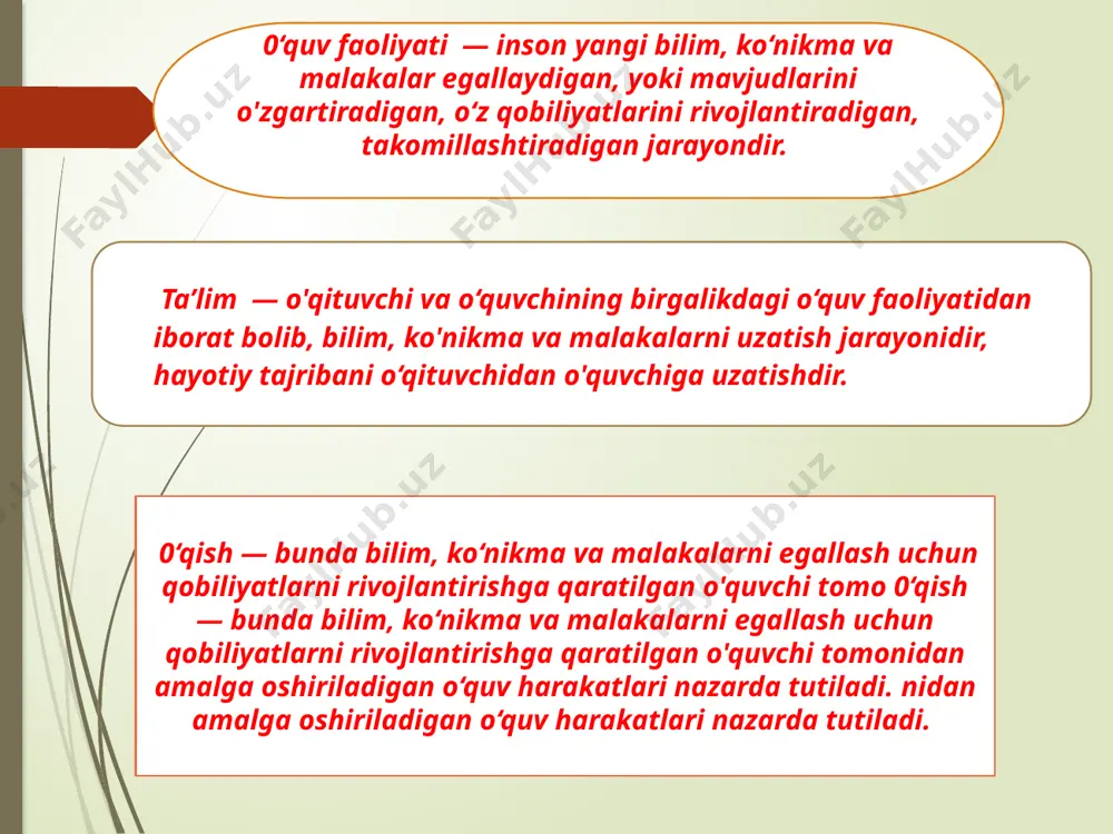 q. 4. insayt (taxmin). inson tomonidan qandaydir yangi informatsiyani qarab chiqish, o‘tmish tajribadan ma’lum narsada noma’lumni ko‘rishdir. insayt bolaning intellekti rivojlanishi uchun kognitiv baza hisoblanadi. 5. ijod. yangi bilim, ko‘nikma va malakalarni yaratish uchun asos hisoblanadi. 7 tarbiya — bu shaxsning ijtimoiy, ma’naviy va ishlab chiqarish faoliyatiga tayyorlash maqsadida uning ma’naviy, jismoniy kamolotiga muntazam ravishda ta’sir ko'rsatish jarayonidir. tarbiyali bo’lish — bu xulq-atvorini nazorat qilishdan iboratdir. bunday nazorat insonga yomon xatti-harakatlarni bajarmaslik imkoniyatini beradi. agar shaxs xulq-atvorini axloqiyligi haqida qayg‘ursa, u ijtimoiylashuvga erishgan boladi. tarbiyaning bosh vazifasi - jamiyat hayotida zarur bolgan kerakli sifatlarni o‘zida mujassamlashtirgan shaxsni shakllantirish va rivojlantirishdan iborat. 8 tarbiya uch narsaga ehtiyoj sezadi: iste’dodga, ilmga va mashqqatga degan edi ulug‘ olim arastu. ana shu g‘oyalarga asoslangan holda tarbiyachilar quyidagilarga amal qilishlari lozimdir: — tarbiyada ulg‘ayayotgan inson shaxsini oliy ijtimoiy qadriyat deb tan olish, har bir talaba, o‘smir va yosh yigitning betakror va o‘ziga xosligini hurmatlash, uning …