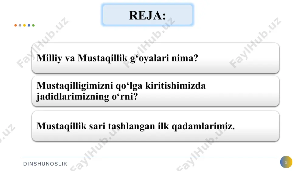 a tamoyillar» risolasi nashr etildi va unda milliy g‘oyamizning ma’no-mazmuni ifoda etildi. yurtboshimizning «yuksak ma’naviyat – yengilmas kuch» kitobida milliy g‘oyamiz haqidagi nazariy va amaliy fikrlar yanada boyitildi. 6 jadidchilik nima? oʻrta osiyo osmonida bir insonning tiniq yogʻduli yulduzi porlab chiqdi. taniqli sharqshunos laziz azizzoda 1926-yilda: “agar oʻzbekistonda fan va madaniyatda navoiy va ulugʻbekdan keyin uchinchi shaxsning nomini abadiylashtirish kerak boʻlsa, bunday yodgorlik, hech shubhasiz, behbudiyga qoʻyilmogʻi lozim”, deb aytgan edi. bunday taʼrif mahmudxoʻja behbudiyni haqli ravishda sharqning ulugʻbek hamda navoiy singari eng buyuk insonparvarlari va mutafakkirlari qatoriga qoʻyadi. 7 dinshunoslik 7 qoʻqon hukumati, bor-yoʻgʻi, 72 kun yashadimi? 8 qoʻqonni hujum bilan olgan bolsheviklar tomonidan tor-mor etildi. shahar alanga ichida qoldi: bolsheviklar toʻplardan ketma-ket oʻqqa tutaverdi. uch kun mobaynida 10 mingdan ortiq odamlar halok boʻldi. dinshunoslik behbudiy oʻzining soʻnggi maktubida: “sizlarga vasiyatim shu: turkiston farzandlari nodon boʻlib qolishlari mumkin emas. hamma-hammaga ozodlik yoʻlini koʻrsating!” deb yozgan edi.buyuk mutafakkir, maʼrifatparvar va …