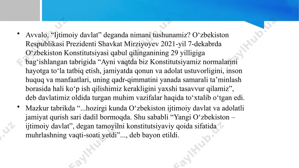 jamiyatida konstitutsiyaga kiritilgan dunyoviylik tushunchasi bir-biridan ajralmas uch qadriyatga asoslanadi. bular: 1. vijdon erkinligi; 2. barcha din va diniy tashkilotlarning qonun oldida tengligi; 3. dinning siyosatdan ajratilganligi. har bir dunyoviy davlatda bo‘lgani kabi o‘zbekistonda ham dinga bo‘lgan munosabat mamlakatning asosiy qonuni hamda muayyan me’yoriy-huquqiy hujjatlar va qonunlar orqali tartibga solinadi. yangi konstitutsiyada o‘z aksini topgan “dunyoviy davlat” tushunchasini tahlil qilar ekanmiz, taraqqiyotining tamal toshi bo‘lib xizmat qilayotgan dunyoviylik g‘oyasi aslo xudosizlikka asoslanmagani, yaqin o‘tmishimizdagi o‘xshash daxriy jamiyatni anglatmasligini sog‘lom mushohada qilmoq lozim. buni tushunish uchun esa “din nima? davlat nima? ularning vazifalari nimalardan iborat? dunyoviy davlatning dinga bo‘lgan munosabati nimalar bilan belgilanadi? unda diniy e’tiqodga qanday o‘rin ajratilgan? qolaversa, din va umum e’tirof etilgan tamoyillarga asoslangan demokratiya tushunchasi o‘rtasidagi aloqalar qanday bo‘lishi kerak?” degan masalalarni tushunib olish kerak bo‘ladi. ma’lumki, davlat o‘z hududiga, suverenitetiga, hokimiyat va boshqaruv organlari, maxsus majburlov apparatiga ega, fuqarolardan soliq undiradigan, umummajburiy huquq va normalarini o‘rnatadigan, …