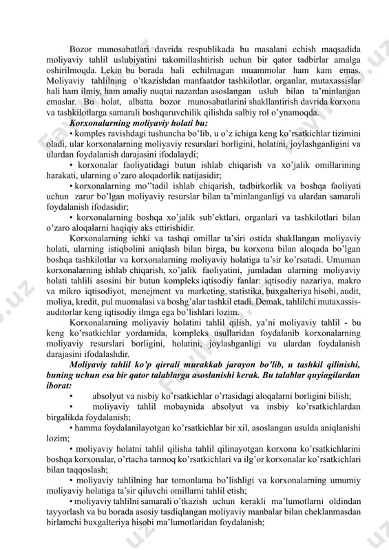 ttifoqdosh respublikalar mustaqil davlatlarga aylandi, ulardan har bittasi bozor munosabatlariga o’tish uchun o’z yo’lini tanlab, ijtimoiy- iqtisodiy rivojlanishni davom ettirib, bozor iqtisodiyotini shakllantirmoqda. ular orasida o`zbekiston ham o’zining bozor iqtisodiyotiga o’tish modeoini ishlab chiqib, xalq xo’jaligini bozor munosabatlarisharoitida rivojlantirgan holda ijobiy natijalarni qo’lga kiritib kelayotir.respublikada amalga oshirilayotgan iqtisodiy islohotlarni huquqiy bazasini tashkil qiluvchi respublika qonunlari, prezident farmonlari va vazirlar mahkamasining yuzlab qarorlari qabul qilindi va qabul qilinyapti. respublikada amalga oshirilayotgan iqtisodiy islohotlarning eng asosiy yo’nalishlaridan biri - bu boshqaruv tizimini takomillashtirish hisoblanadi. bu masalani ijobiy hal etishda korxonalarning xo’jalik faoliyati va moliyaviy holatini tahlil qilish katta rol o’ynaydi. chunki korxonalar faoliyatini tahlil qilish boshqaruv tizimi samaradorligini oshirishning muhim sharti hisoblanadi. bozor munosabatlari davrida bu shartning asosiy qismi bo’lib korxonalar moliyaviy holatining tahlili hisoblanadi. respublikada yangi moliyaviy hisobot shakllari qabul qilindi, ularni o’rganish va ulardan keng foydalanish uslularini barpo etish katta ahamiyatga ega. bozor munosabatlari davrida respublikada bu masalani echish maqsadida …