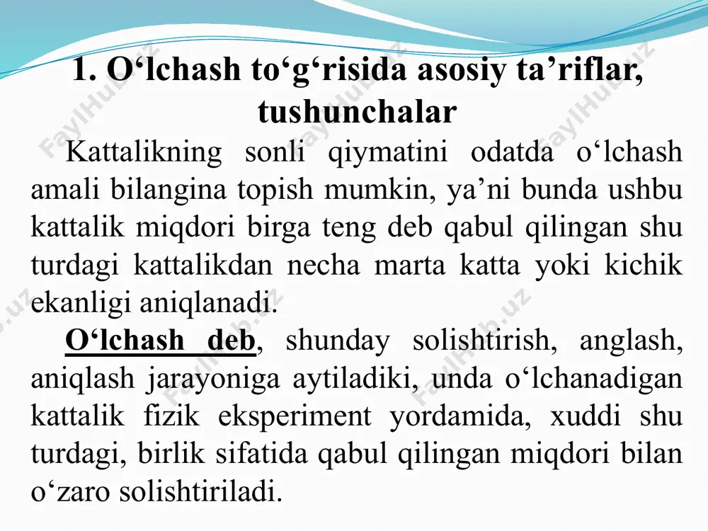 ash jarayoniga aytiladi, unda o‘lchanadigan kattalik fizik eksperiment yordamida, xuddi shu turdagi, birlik sifatida qabul qilingan miqdori bilan o‘zaro solishtiriladi. o‘lchanayotgan kattalikning sonli qiymatini topishning bir necha xil turlari mavjuddir. bevosita o‘lchash - o‘lchanayotgan kattalikning qiymatini tajriba ma’lumotlaridan bevosita topish. masalan, oddiy simobli termometrda yoki lineyka yordamida o‘lchash. u = s∙x; bunda: u - muayyan birlikda ifodalanyotgan o‘lchanayotgan kattalikning qiymati; s - shkalaning bo‘lim qiymati; x - shkaladan olingan qaydnoma. bilvosita o‘lchash - bevosita o‘lchangan kattaliklar bilan o‘lchanayotgan kattalik orasida bo‘lgan ma’lum bog‘lanish asosida katalikning qiymatini topish. masalan, tezlikni o‘lchash. u = f (x1 x2 ...xn). majmuiy o‘lchash - bir necha nomdosh kattaliklarning birikmasini bir vaqtda bevosita o‘lchashdan kelib chiqqan tenglamalar tizimini echib, izlanayotgan qiymatlarni topish. masalan, har xil tarozi toshlarining massasini solishtirib, bir toshning ma’lum massasidan boshqasining massasini topish uchun o‘tkaziladigan o‘lchashlar, haroratni qarshilik termometri orqali o‘lchash. birgalikdagi o‘lchash - turli nomli ikki va undan ortiq kattaliklar orasidagi munosabatni …