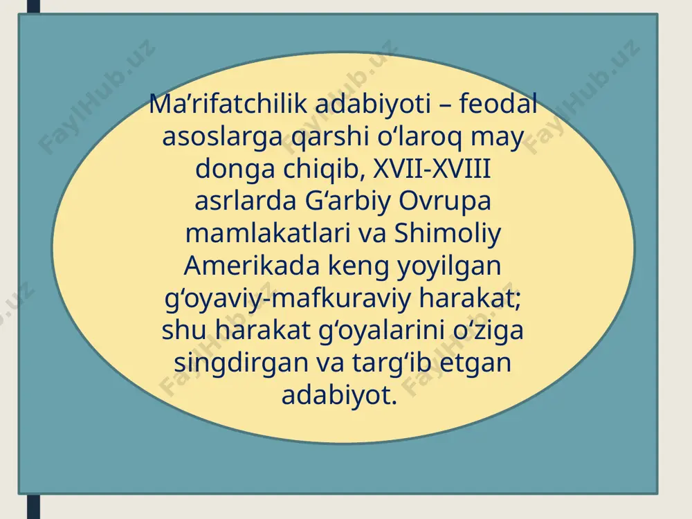 g yetuk davriga kirdi. xviii asrning 70–80-yillar adabiyoti “bo‘ron va tazyiq” ad abiy harakati yosh shoirlarning isyonkorlik ruhida yozilgan asarlari natijasida yuzaga keldi. gyote va shillerning ilk ijodi davri (gyo tening “gyos fon berlixingen” dramasi, shillerning “qaroqchilar”, “makr va muhabbat” tragediyalari); xviii asrning 90-yillari shillerning “vallenshteyn” tragediya si, “fojiaviy san’at to‘g‘risida xatlar” nazariy asarlari yozildi. fran suz burjua inqilobining adabiyotga ta’siri. gyote bir qator balladalar (“korinflik kelin”, “xazina izlovchi”, “afsungarning shogirdi”), “vilgelm meysterning o‘quvchilik yillari” romanini, “faust” ning i qismini yozib tugatdi. mavzu bo‘yicha nazorat savollari: ma’rifatchilik adabiyoti deganda nimani tushunasiz? angliyadagi romantizmning asosiy namoyondalari kimlar? “robinzon kruzo” romantizmida ma’rifatparvarlik tomoyil larining aks etirilishi. fransuz ma’rifatchilik adabiyotining asosiy vakillari kimlar? “odil podsho” g‘oyasining adabiyotdagi talqini. “bo‘ron va tazyiq” qanday adabiy harakat edi? shiller ijodida isyonkor qahramon . gyote va sharq adabiyoti. gyotening “faust” tragediyasida ezgulik va razolat kurashi talqini e’tiboringiz uchun rahmat! 1 4 3 2 image1.png image2.png image3.png image4.png …